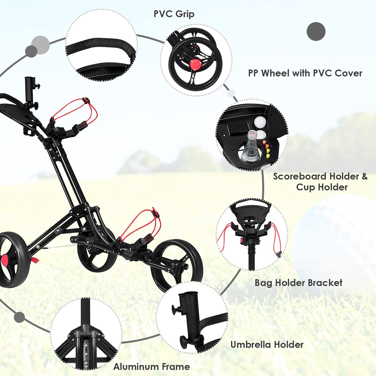 GYMAX Golf Cart, 3 Wheels Foldable Golf Trolley with Umbrella and Tee Holder