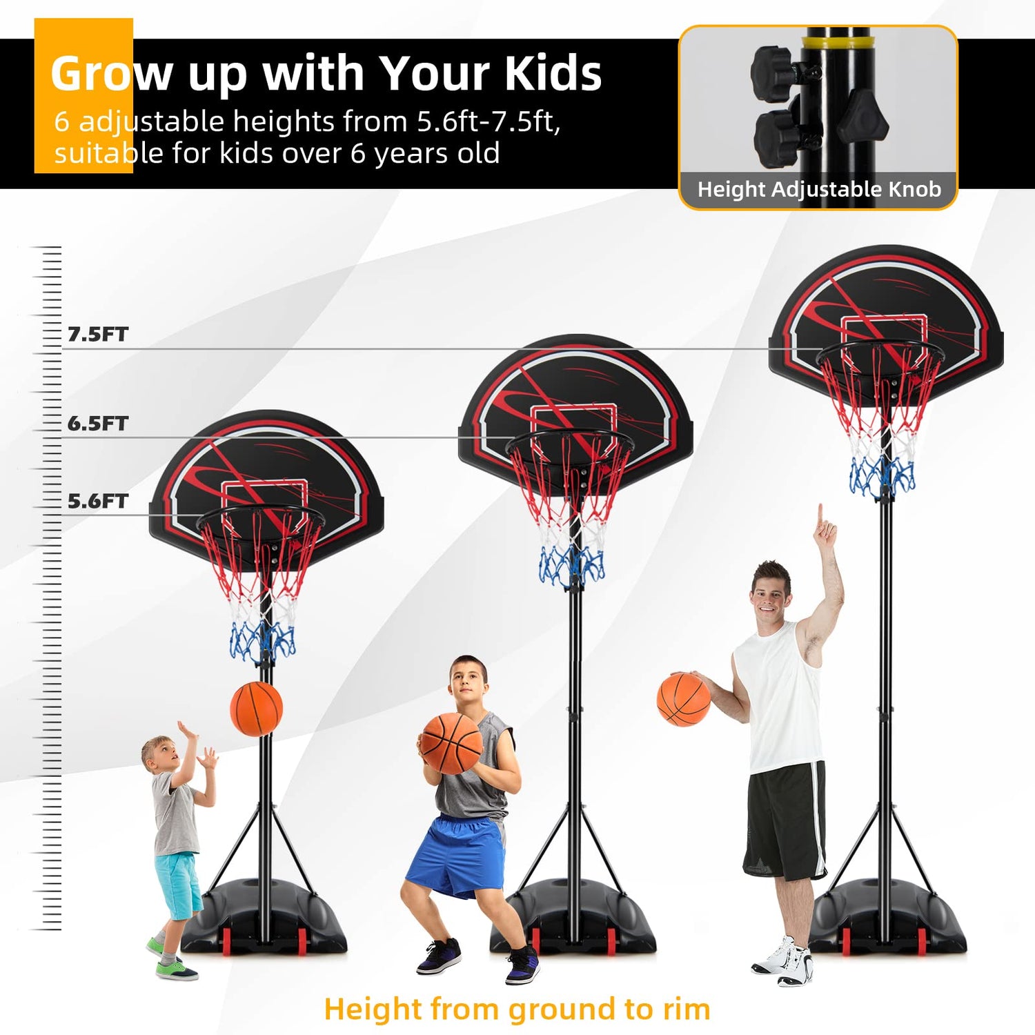 GYMAX Basketball Hoop, Outdoor 5.6-7.5FT Adjustable Basketball Goal with Shatterproof Backboard, Built-in Wheels & Spare Net