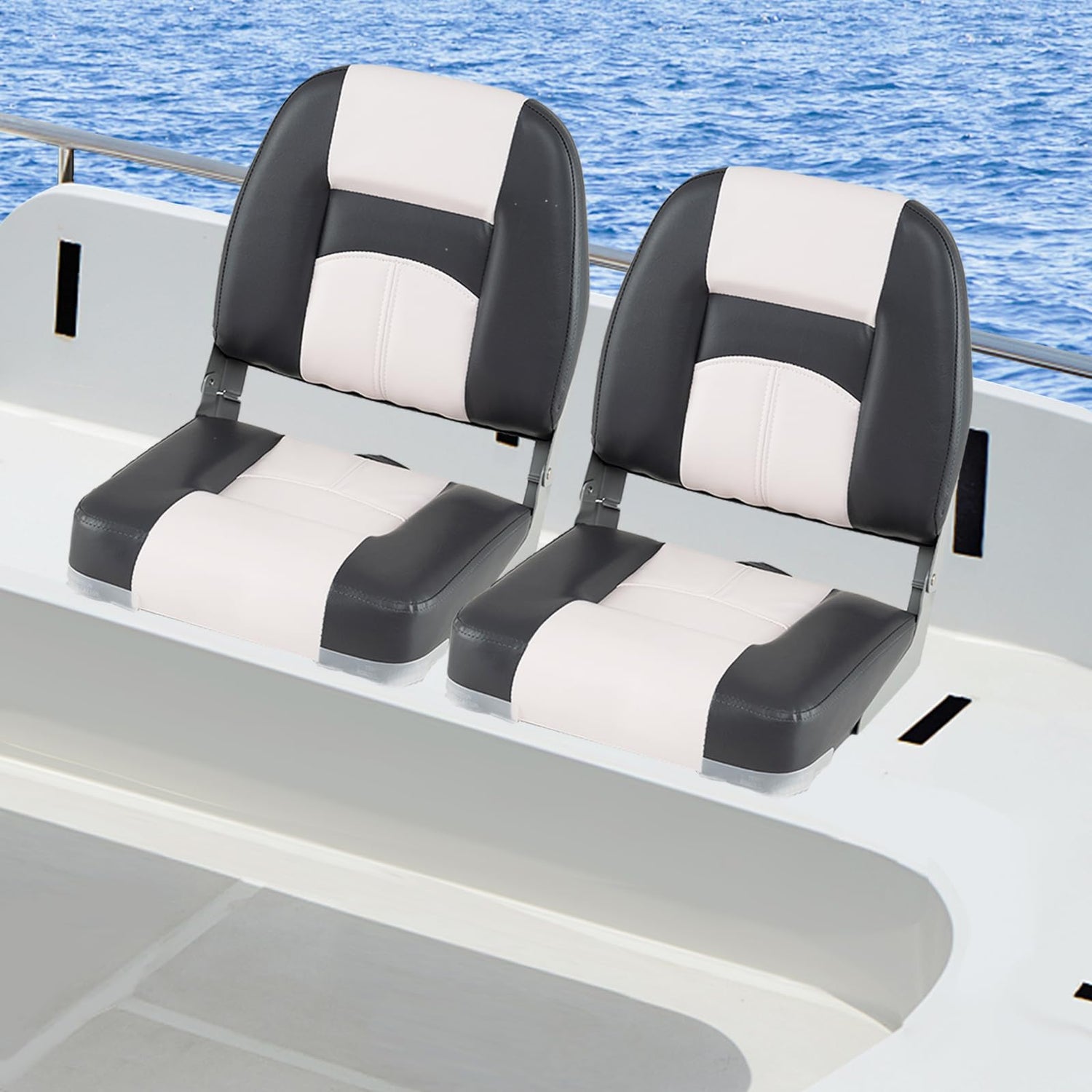 GYMAX Boat Seats Folding Low/High Back Boat Seats (2-Pack,White & Drak Grey,Low Back)