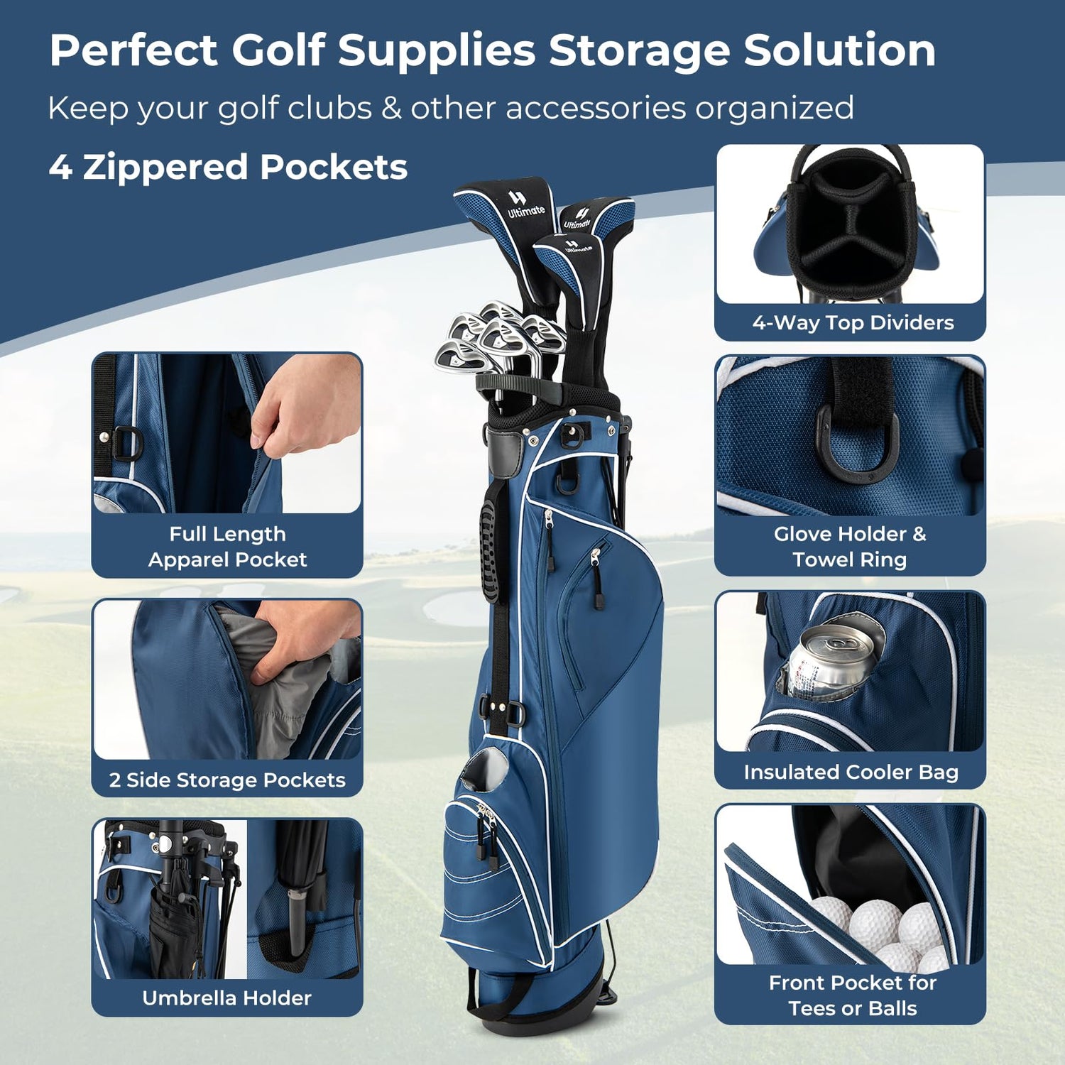 GYMAX Golf Stand Bag, 4 Way Divider Golf Bag with 4 Zippered Pockets, Cooler Bag, Rain Hood & Padded Shoulder Strap