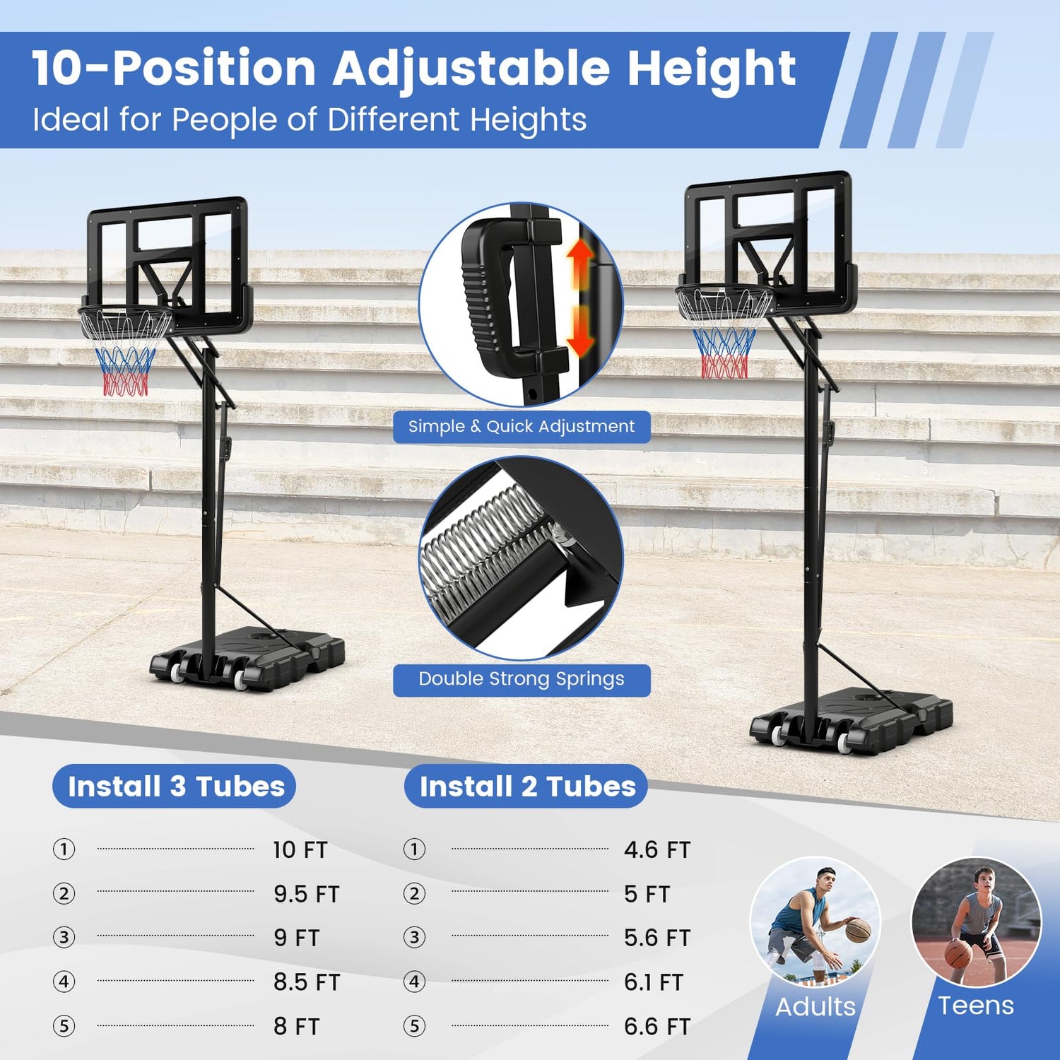 GYMAX Basketball Hoop, Grip-and-Pull 4.6-10 Ft Height Adjustable Basketball Goal with 44" Shatterproof Backboard