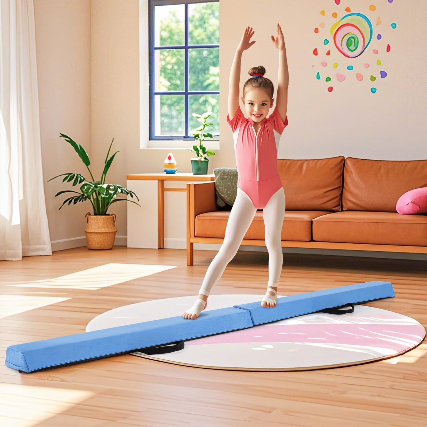 GYMAX 7FT Folding Balance Beam, Portable Floor Gymnastics Beam with Carrying Handle, Suede Cover