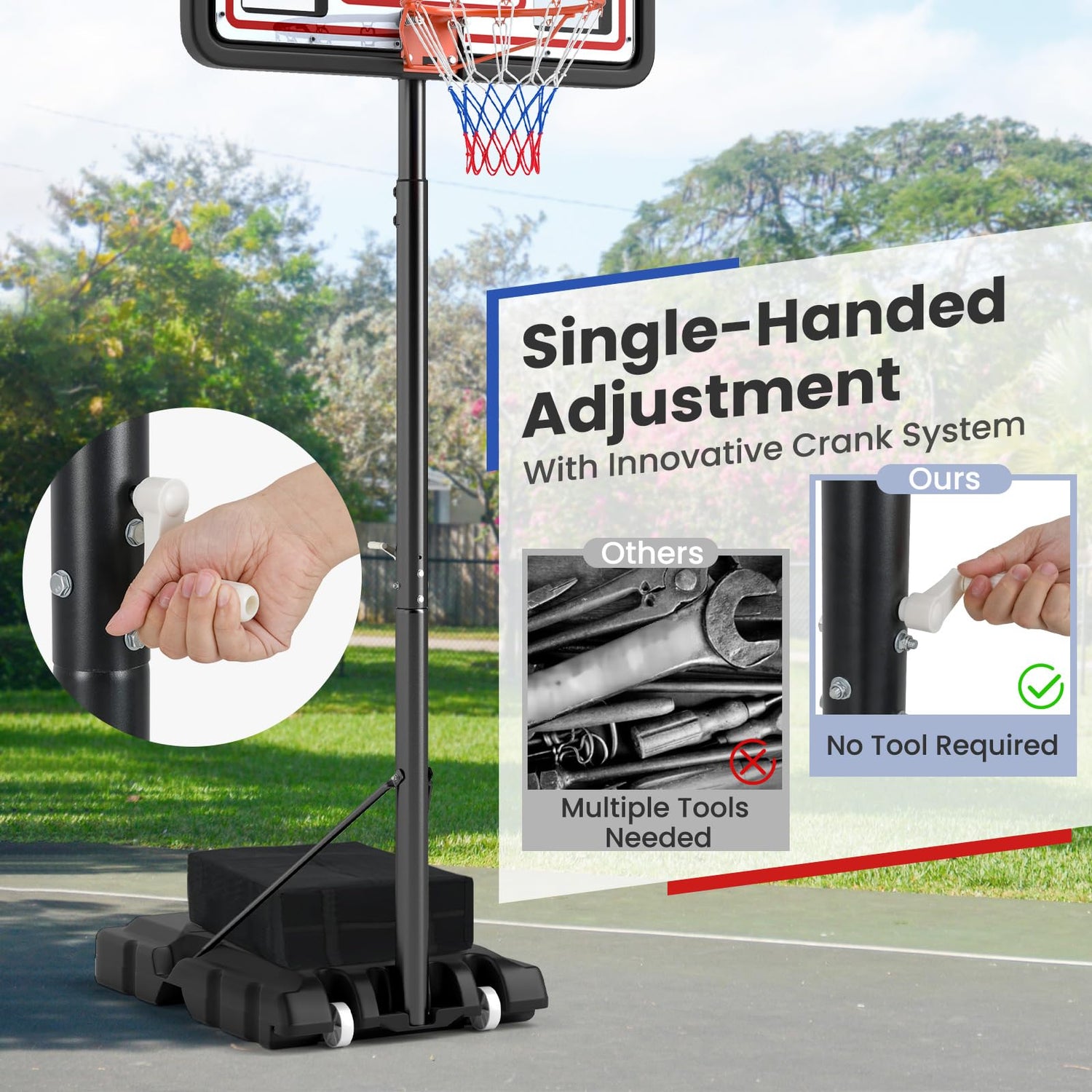 GYMAX Basketball Hoop, 7.4-10 FT Single Hand Rotation Adjustable Basketball Goal with 44” PC Backboard