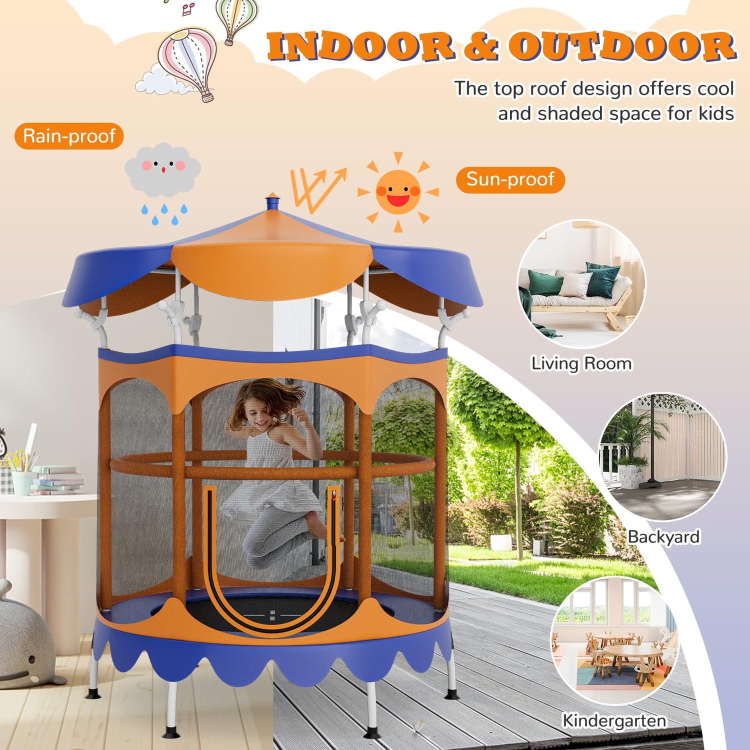 GYMAX Toddler Trampoline, 64” Trampoline for Kids with Removable Canopy, All Round Enclosure Net & Handrail