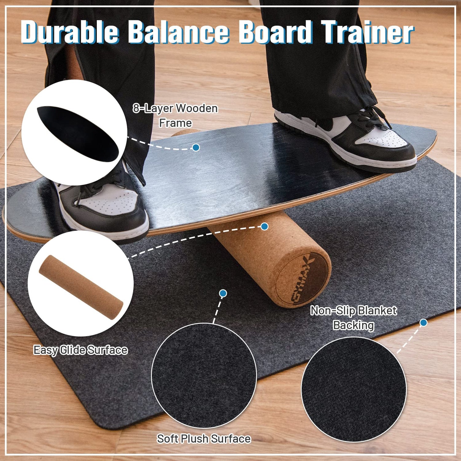 GYMAX Balance Board, 500lbs Wooden Balance Board Set for Adults with Roller & Anti-Slip Blanket