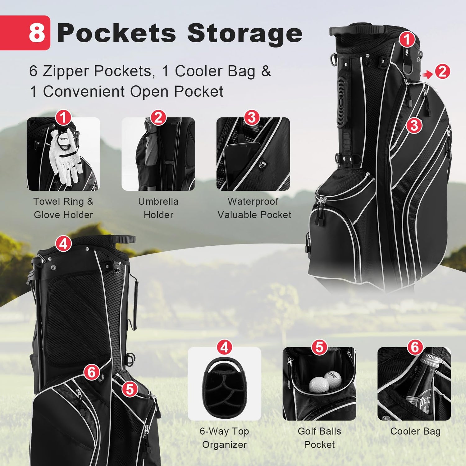 GYMAX Golf Stand Bag, 6 Way Divider Golf Club Bag with 8 Pockets
