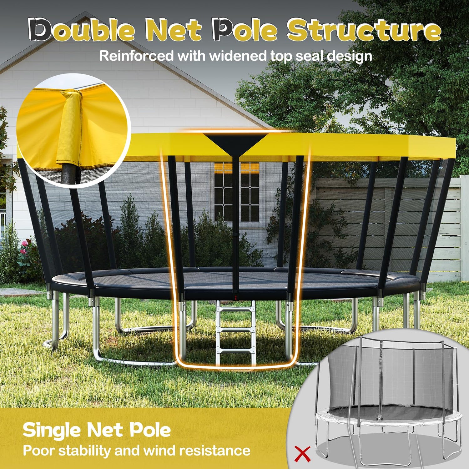 GYMAX Trampoline Outdoor Safety Enclosure Net & Non-Slip Ladder for Kids & Adults