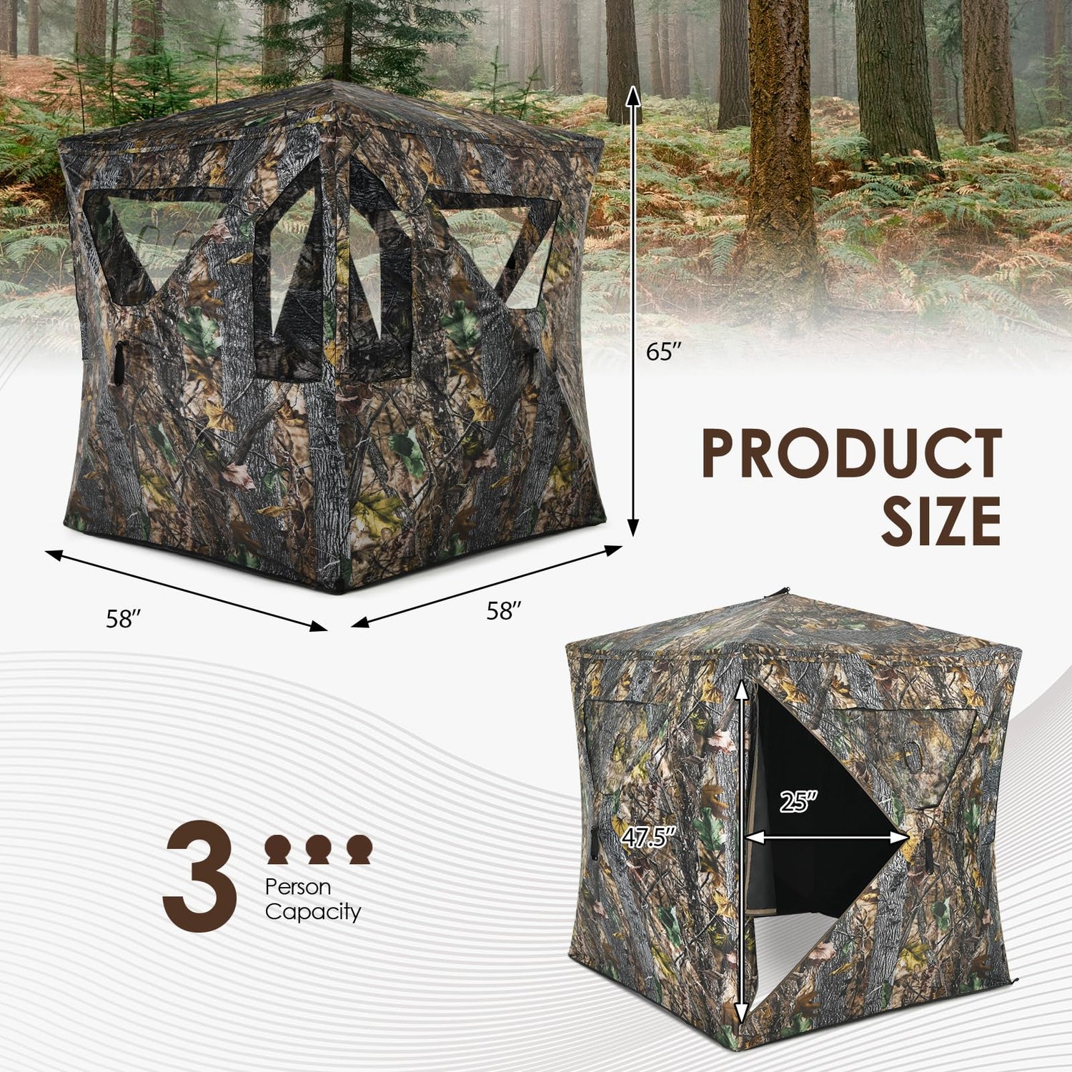 GYMAX Hunting Blind, 3 Persons Pop Up Ground Blind with Shooting Hole, Windows & Silent Sliding
