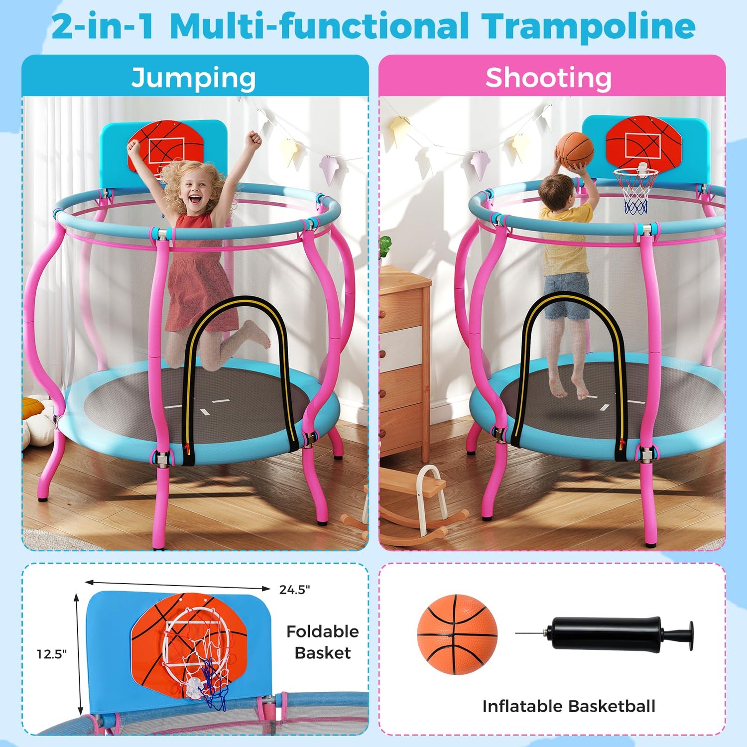 GYMAX Trampoline for Kids 60” Small Rebounder with Basketball Hoop