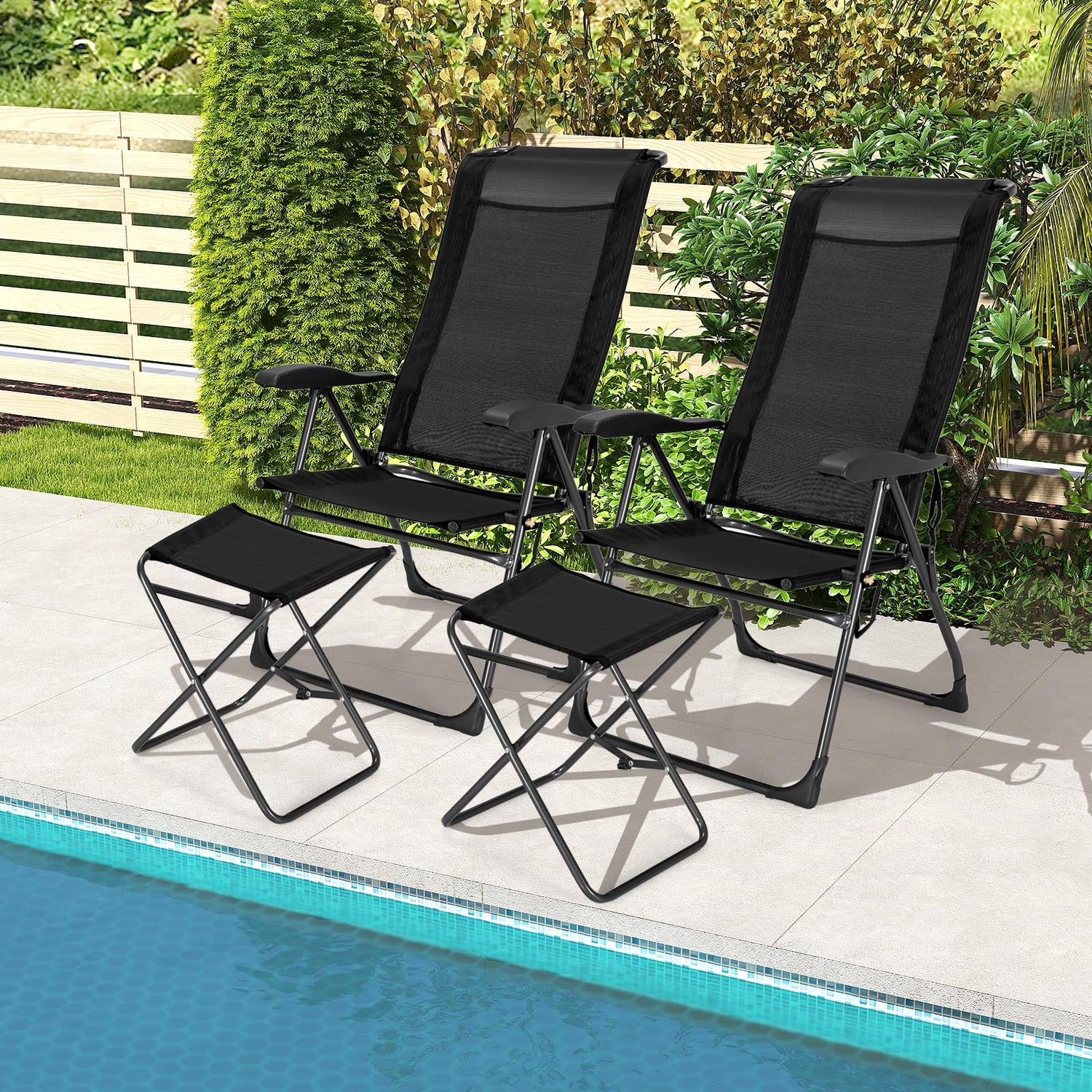 GYMAX Folding Camping Chair, Patio Recline Chair with Ottomans with 7-Level Adjustable Backrest & Back Pocket