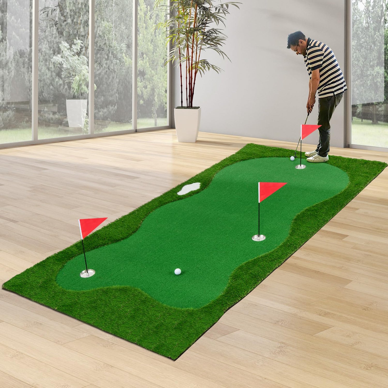 GYMAX Putting Green Indoor, Professional Practice Putting Green Mat, Includes 2 Golf Balls, 3 Golf Cups