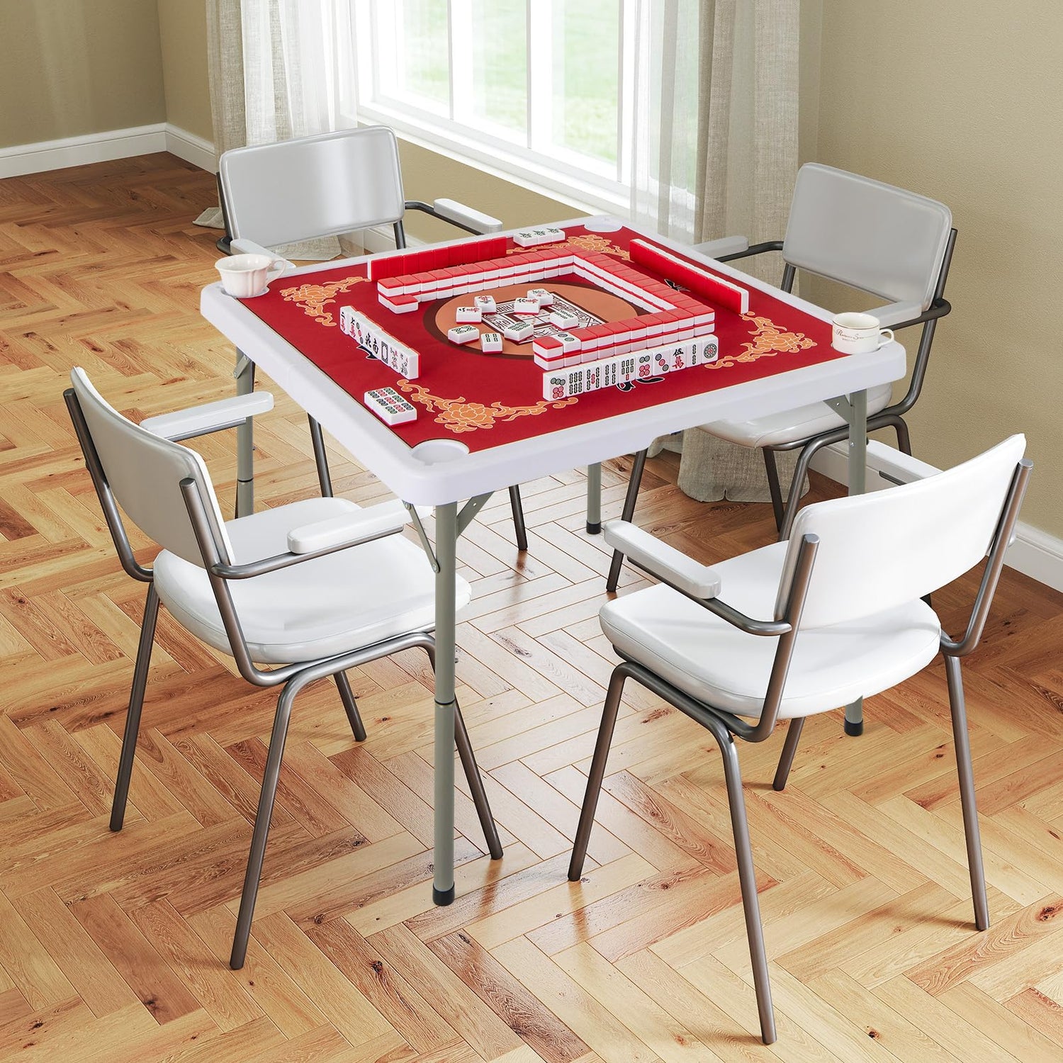 GYMAX Mahjong Table Foldable with Mahjong Mat, 4-Player Square Domino Table w/Cup Holders & Carrying Handle