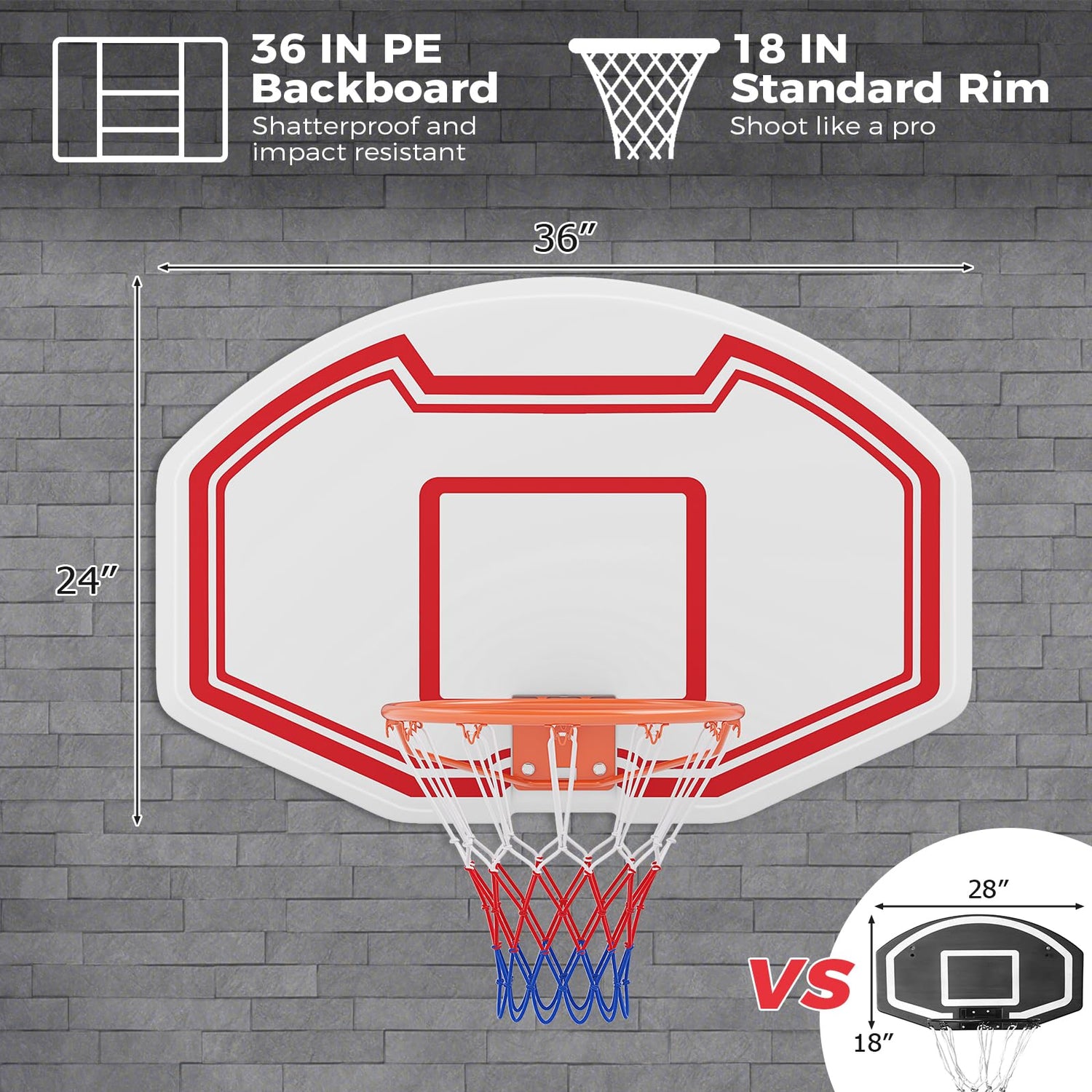 GYMAX Wall Mounted Basketball Hoop, 36" x 24" Shatterproof Backboard and 18 Inch Rim