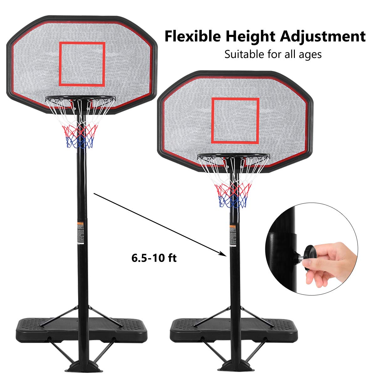 GYMAX Portable Basketball Hoop, 6.5-10FT Height Adjustable Basketball System with Wheels & 43" Backboard for Youth Kids Family Indoor/Outdoor