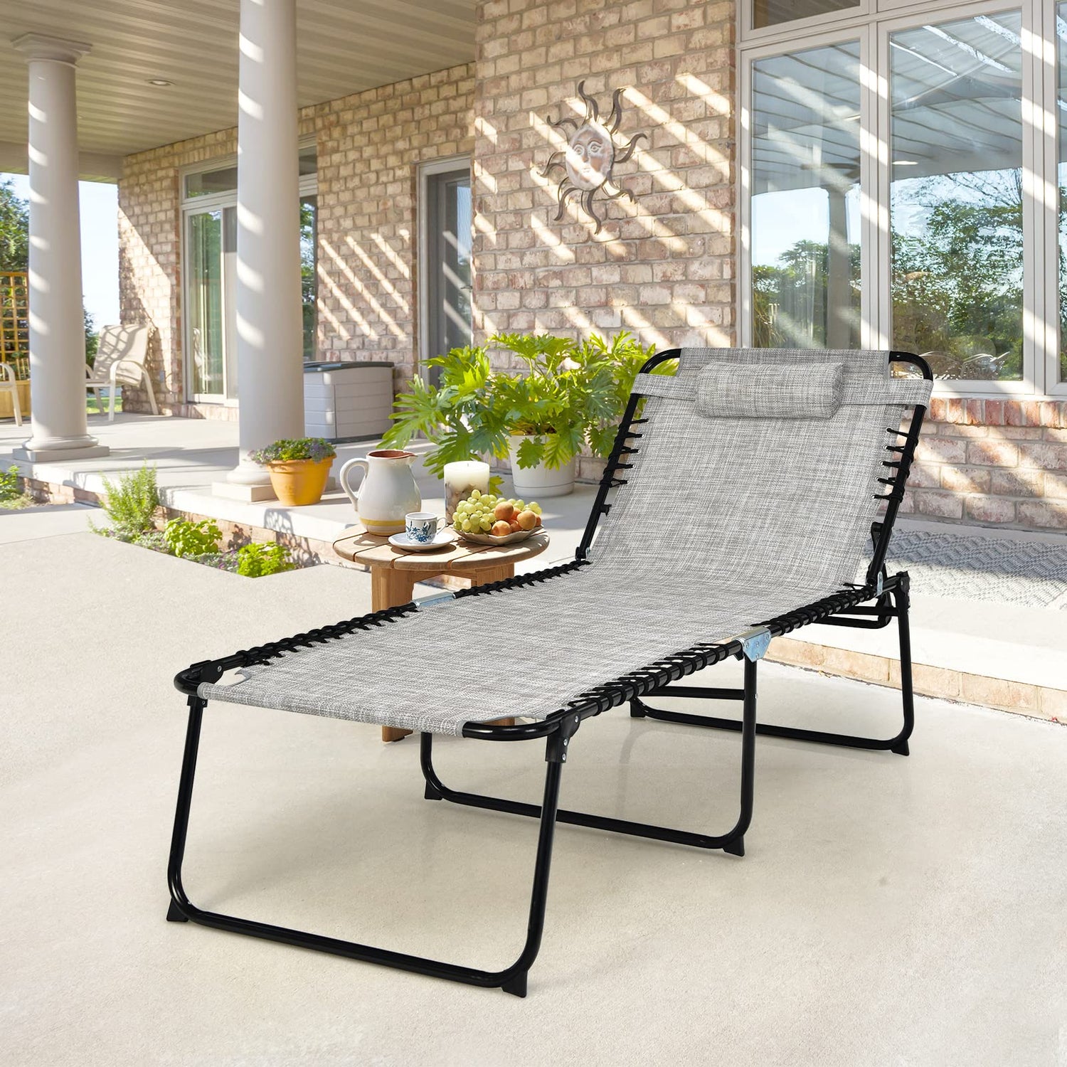 GYMAX Lounge Chair for Outside, 440lbs 27” Oversize Folding Beach Tanning Sunbath Chair with Adjustable Backrest & Removable Pillow