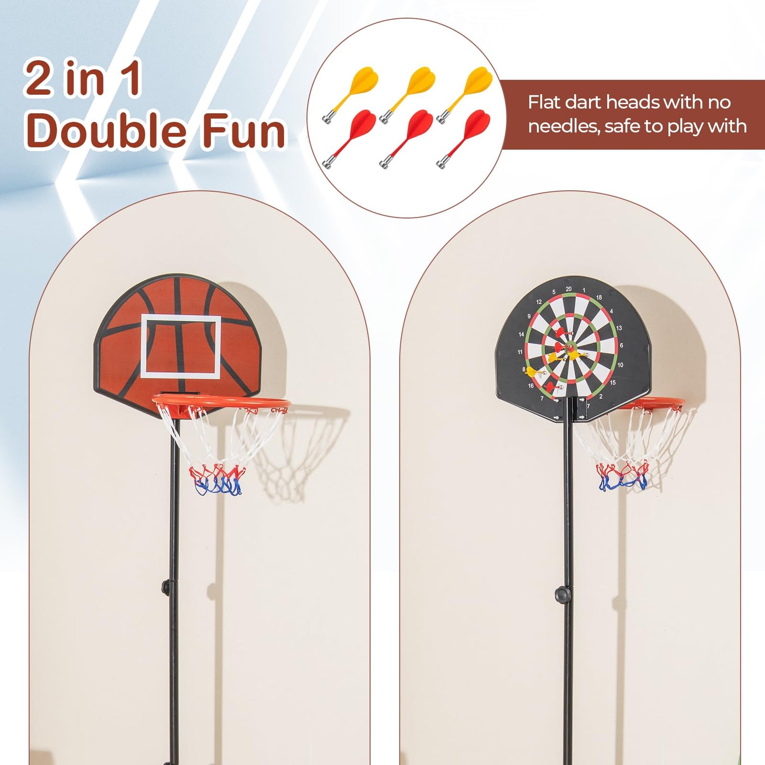 GYMAX Kids Basketball Hoop with Dart Board, 3.2-4.8 FT Adjustable Indoor & Outdoor Toddler Basketball Hoop