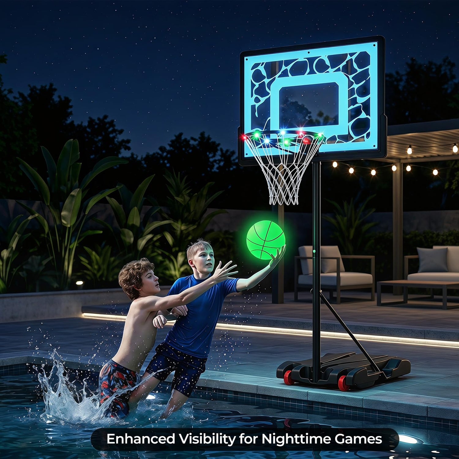 GYMAX Pool Basketball Hoop with LED & Solar Lights