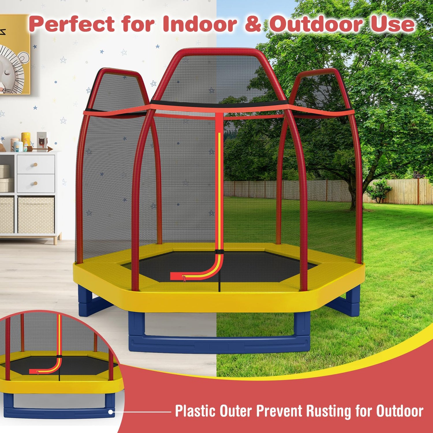 GYMAX Trampoline for Kids, 7FT Toddler Trampoline with Safety Enclosure Net & Seamless Spring Pad