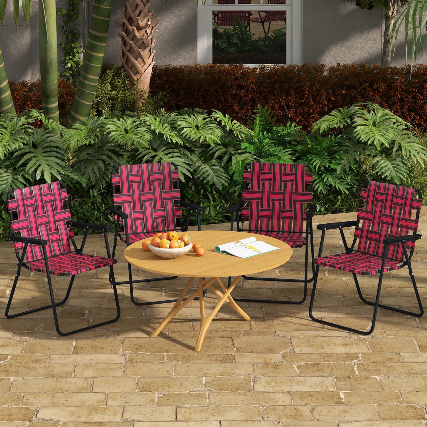 GYMAX Folding Chair, Patio Lawn Chair Set with Armrest, Indoor/Outdoor 2/4/6 Pack Webbed Lightweight Dinning Chair