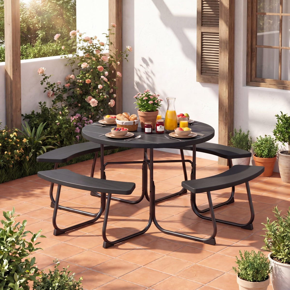 GYMAX Picnic Table Bench with Umbrella Hole 8 Person Round Outdoor Picnic Table