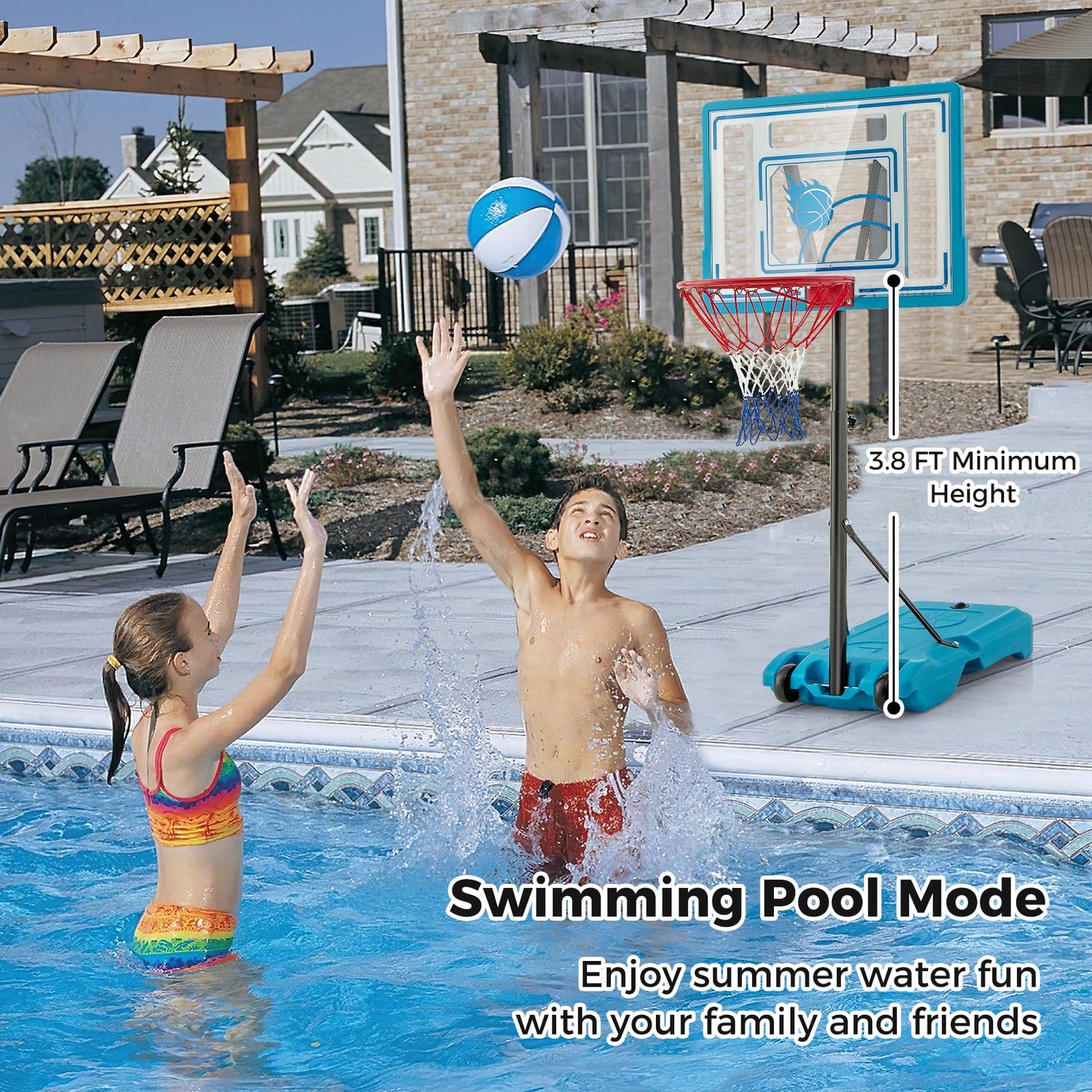 GYMAX Pool Basketball Hoop, Height Adjustable Swimming Pool Basketball Hoop with Fillable Base & Built-in Wheels