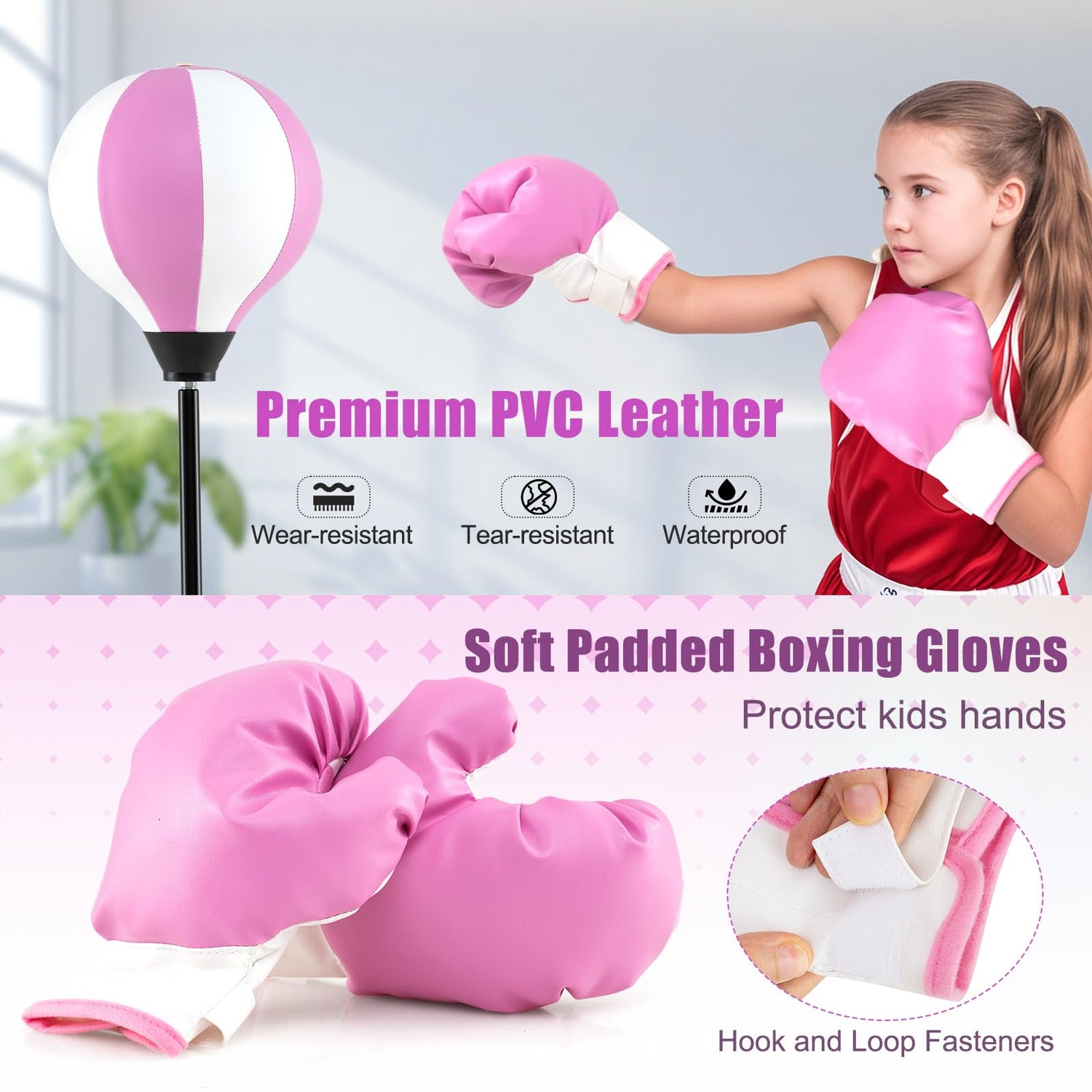 GYMAX Punching Bag for Kids, Inflatable Kids Punching Bags with Boxing Gloves, Height Adjustable Punching Bag Set
