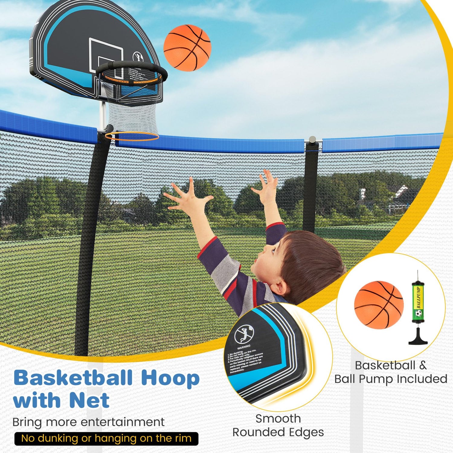 GYMAX Trampoline, 8FT 10FT 12FT Trampoline with Basketball Hoop, All Round Enclosure Net & Non-Slip Ladder