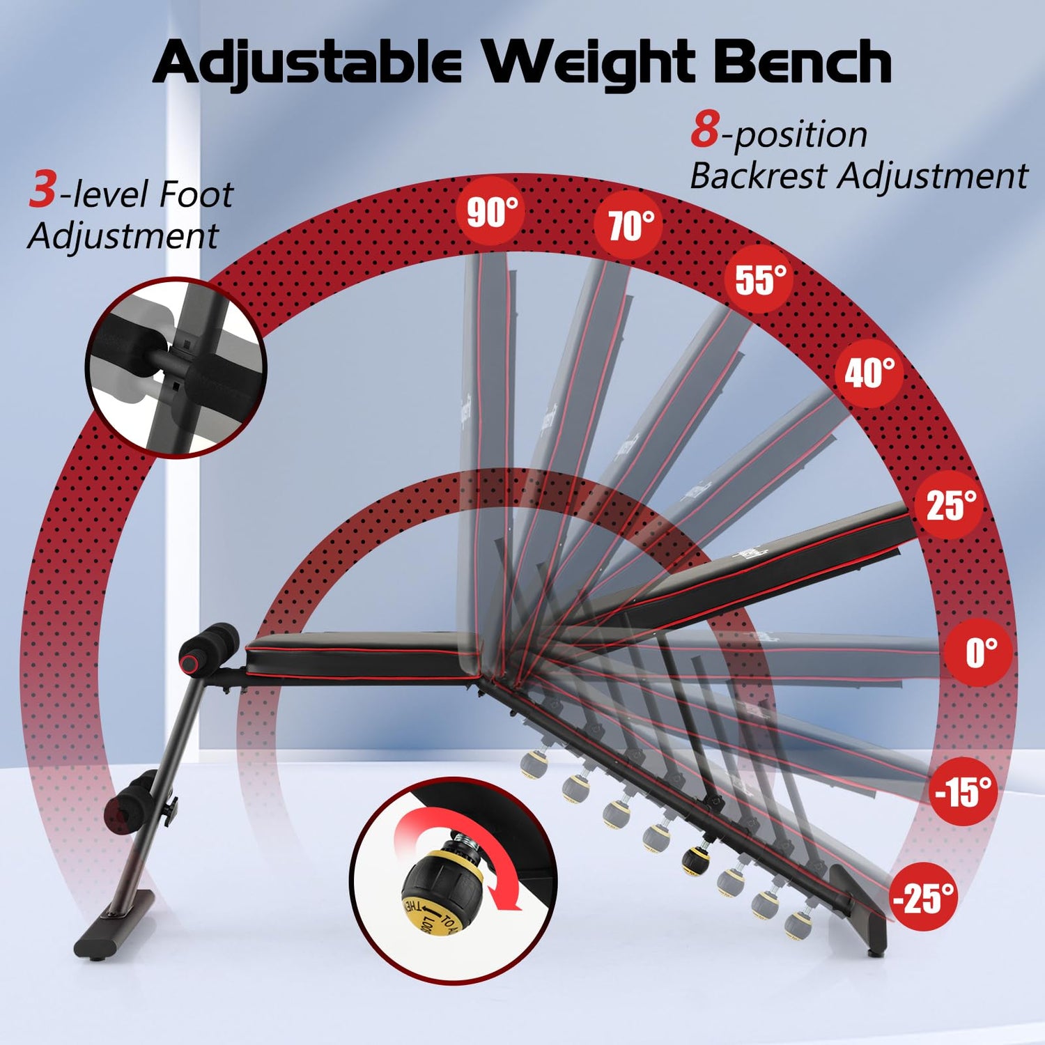 GYMAX Weight Bench, Adjustable Bench Press with 8 Back Positions & 3 Foot Positions, Padded Back & Seat Cushions