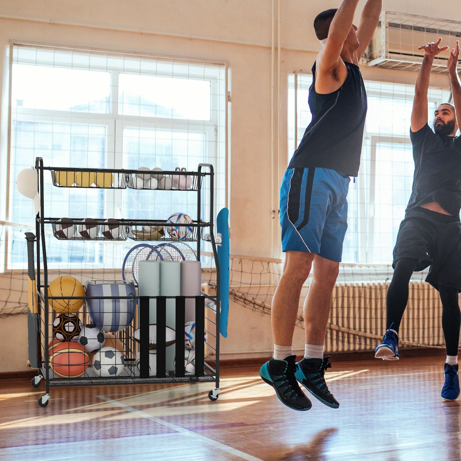 GYMAX Garage Sports Equipment Organizer, Ball Storage with Basket, Hooks, Lockable Wheels