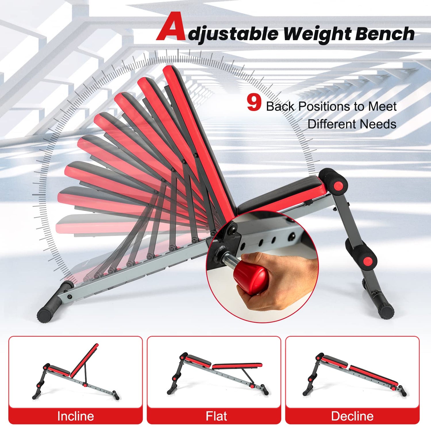 GYMAX Weight Bench, Adjustable Workout Bench Sit Up Bench with 9-Level Incline, Decline Ab Bench Press for Home
