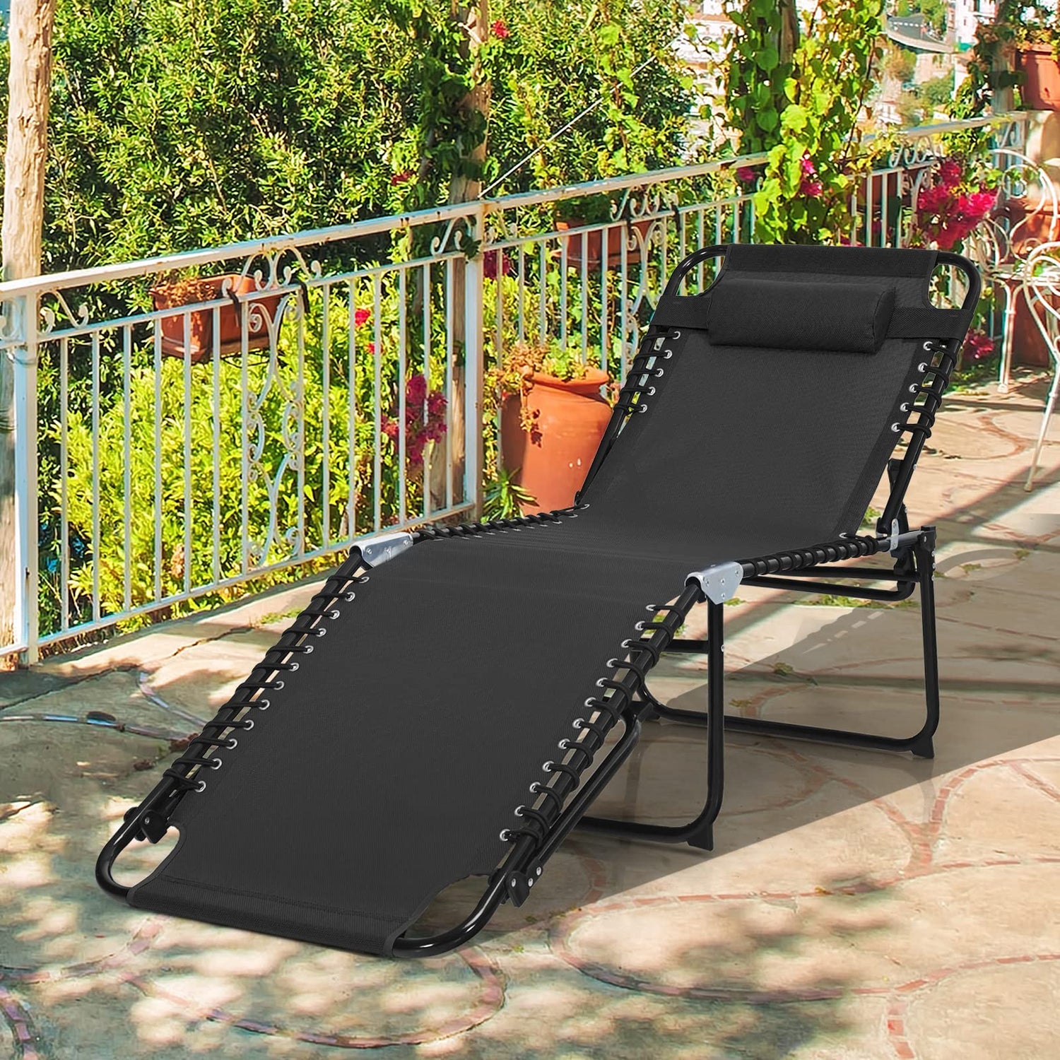 GYMAX Lounge Chairs for Outside, Extra High Folding Beach Tanning Lounger with 4-Level Adjustable Backrest