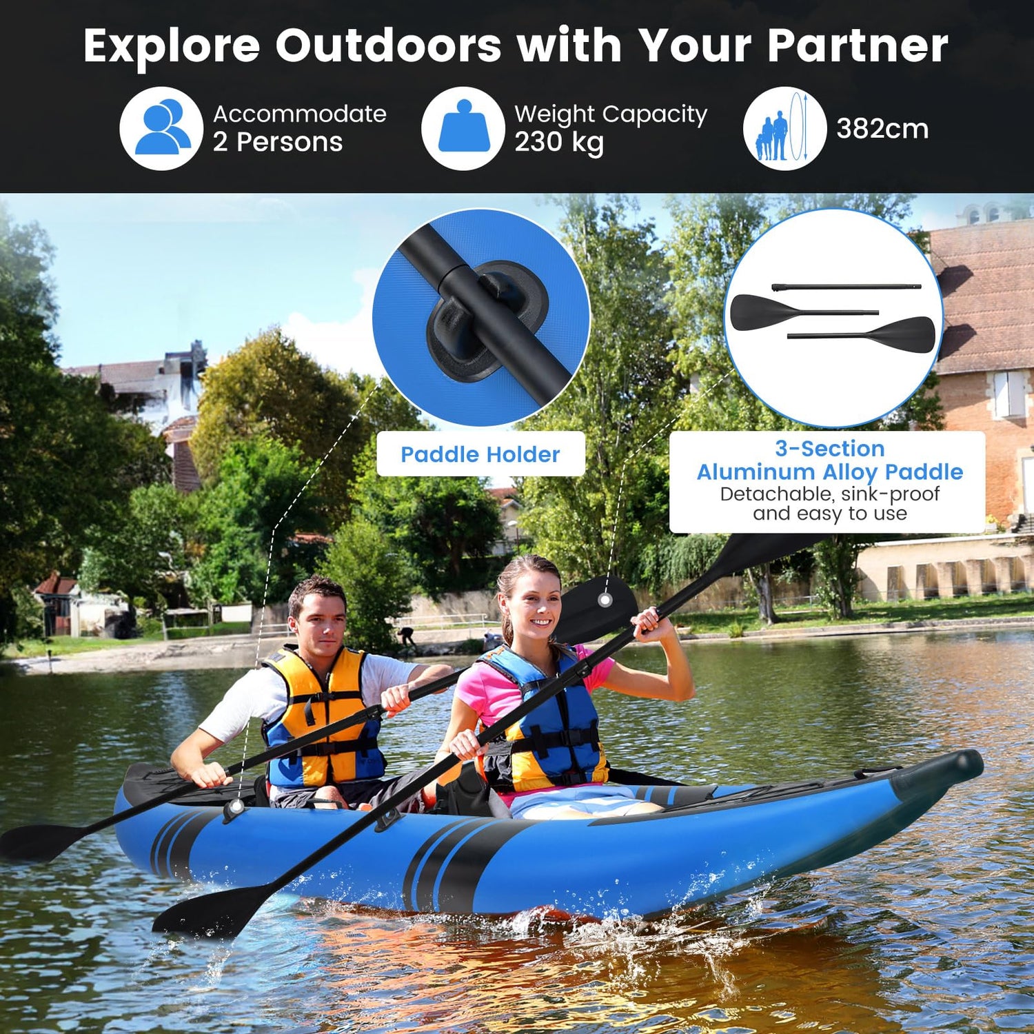 GYMAX Inflatable Kayak, 12.5Ft 507lbs Tandem Kayak with 2 Aluminum Paddles, 2 Padded Seats