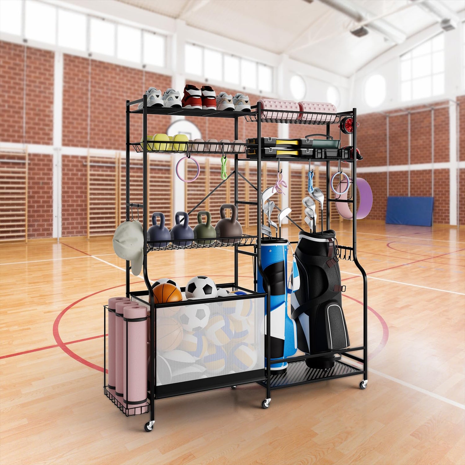 GYMAX Garage Sports Equipment Organizer, Ball Storage with 5 Adjustable Shelves