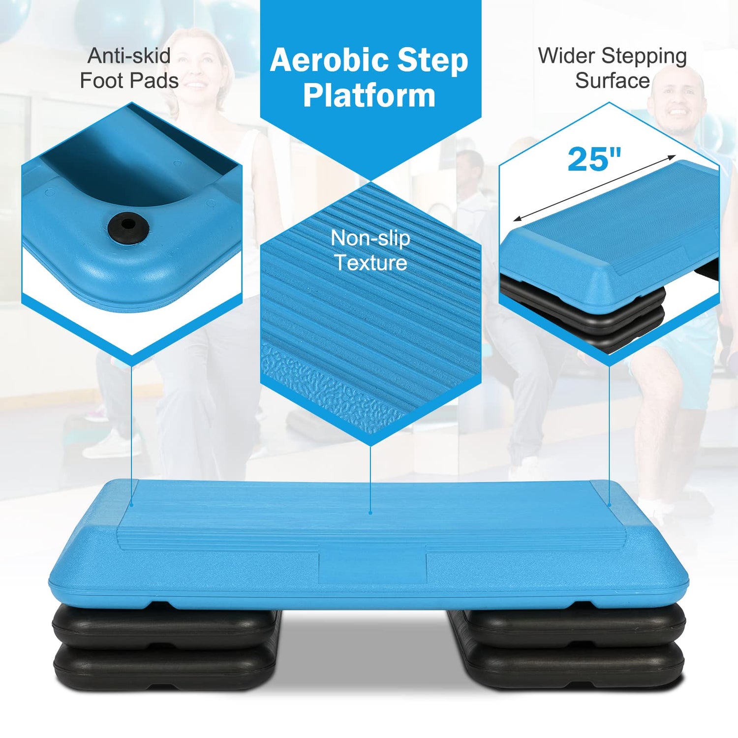 GYMAX Aerobic Step Platform, Adjustable Stepper with 4 Detachable Risers, Cardio Training Equipment Full Body Workout