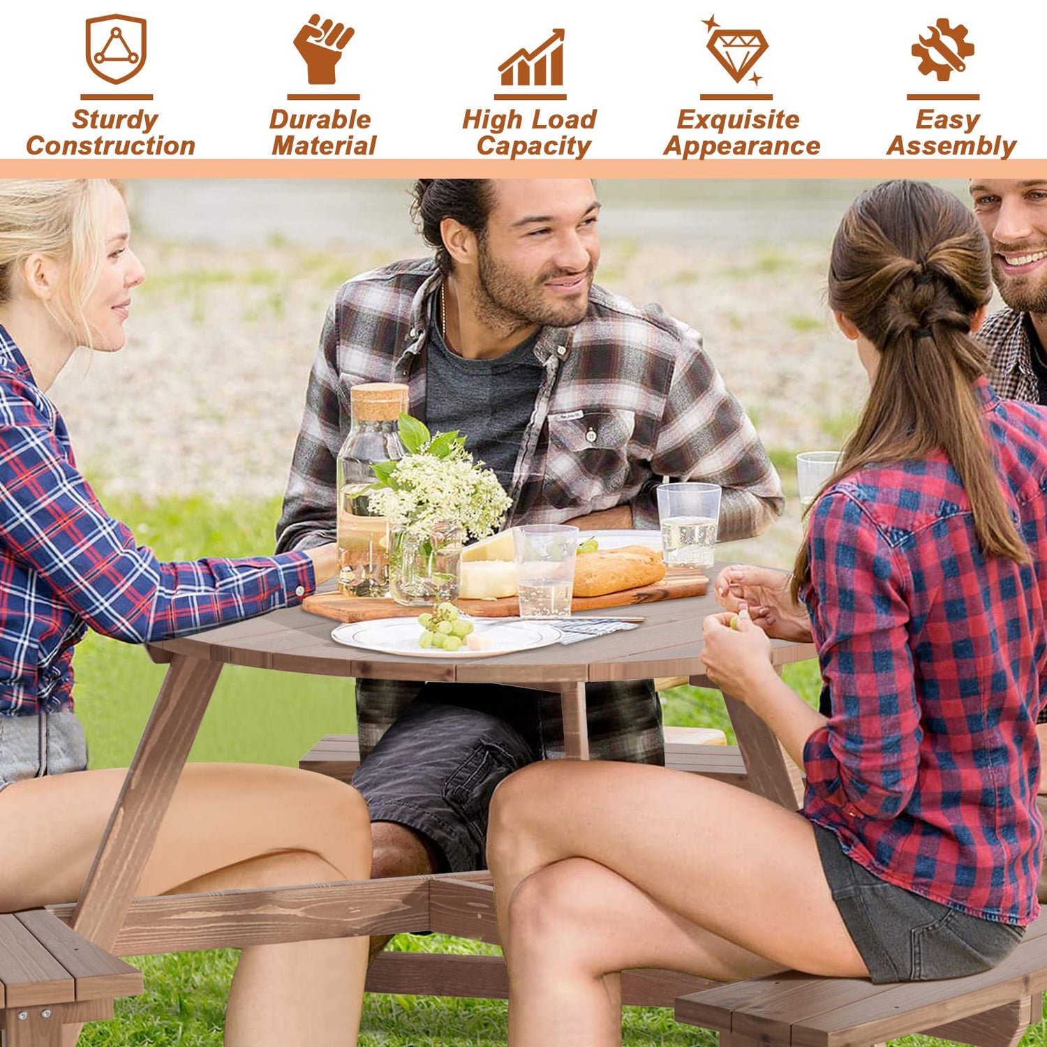 GYMAX Picnic Table, 6 People 1720lbs Wooden Picnic Table Bench Set with Umbrella Hole