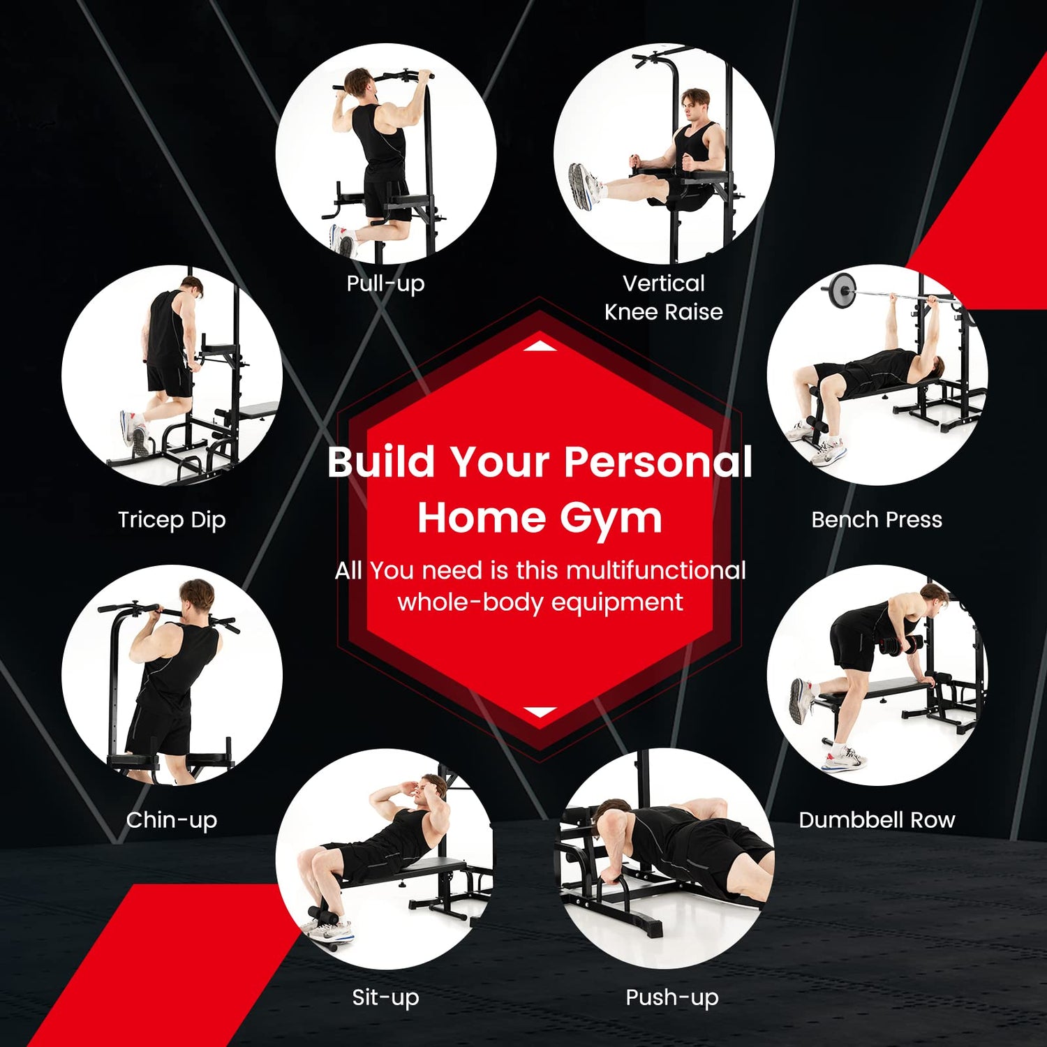 GYMAX Power Tower with Bench, Pull Up Bar Dip Station with Adjustable Height, Foldable Heavy Duty Full Body Strength Training Power Tower