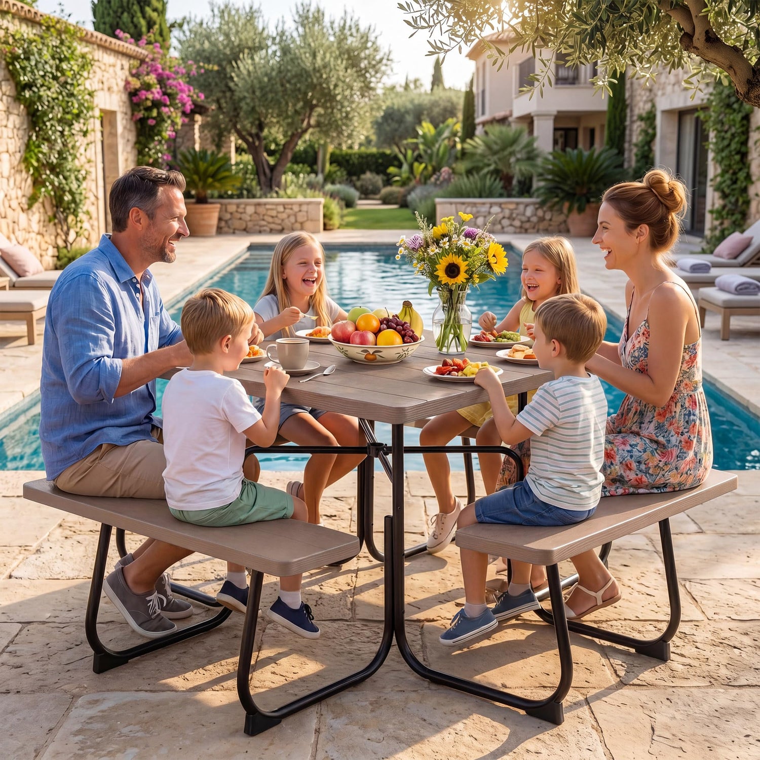 GYMAX Picnic Table Bench with Umbrella Hole 8 Person Square Outdoor Picnic Table