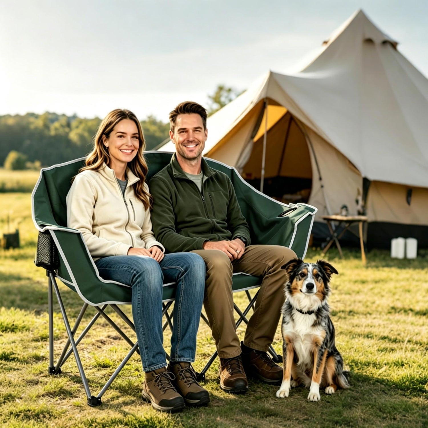 GYMAX Double Camping Chair Oversized Padded 660LBS Heavy Duty Loveseat