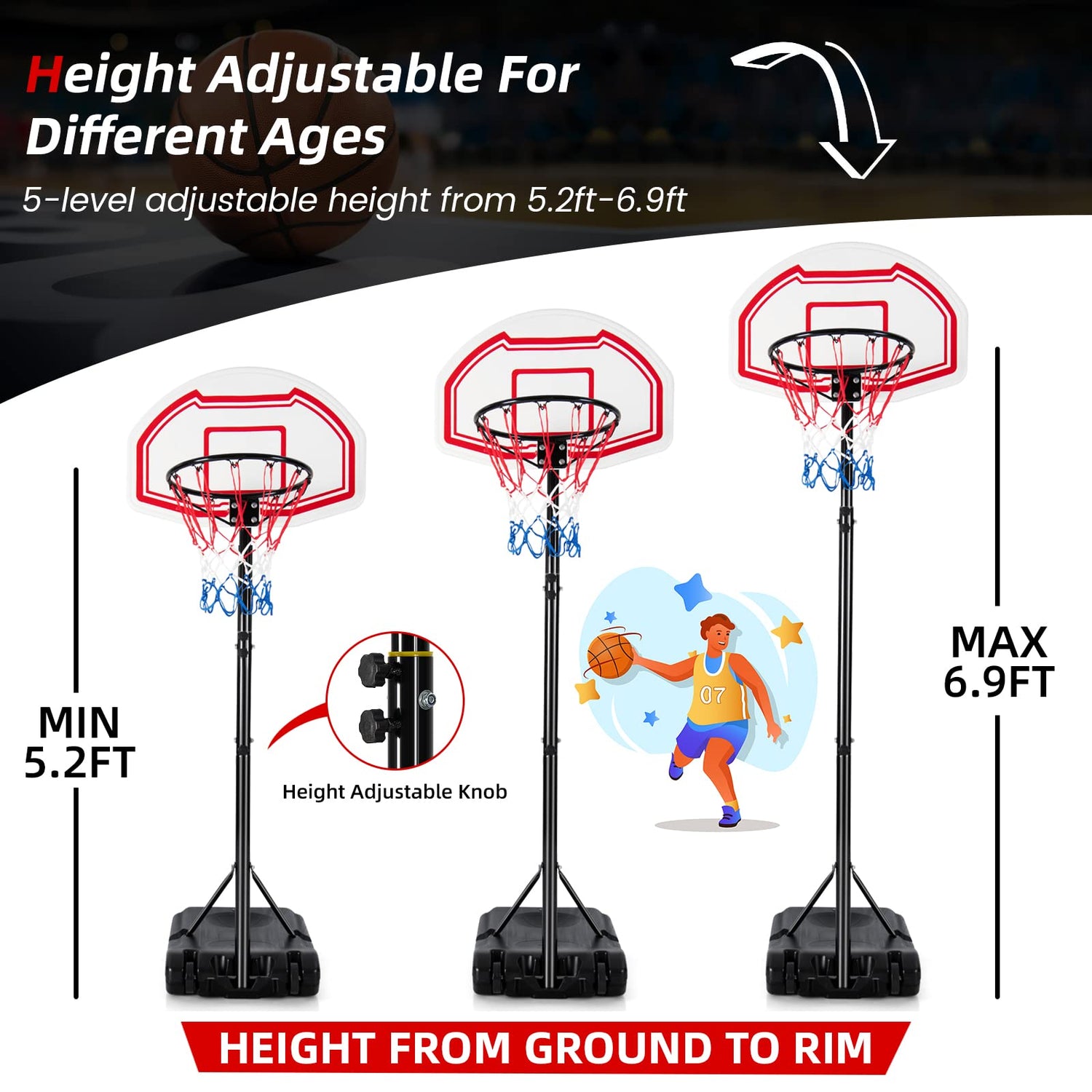 GYMAX Basketball Hoop, Outdoor Indoor 5.2-6.9 FT Adjustable Basketball Goal with Spare Net, Shatterproof Backboard