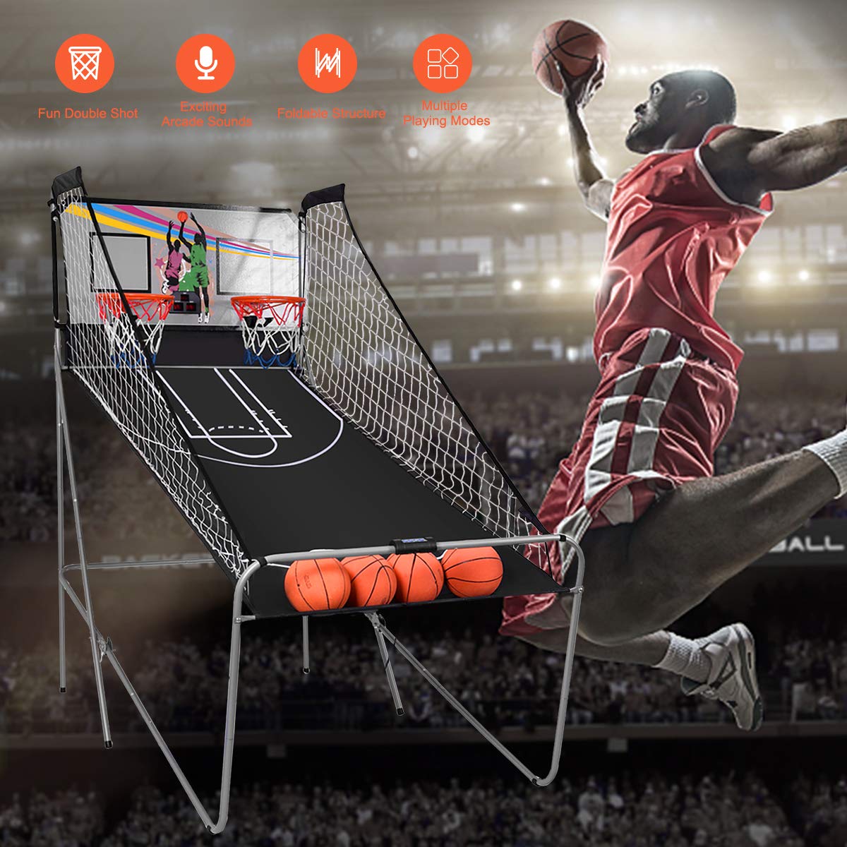 GYMAX Arcade Basketball Game Indoor Foldable with 8 Game Modes, Arcade Sound, 4 Balls and Inflation Pump