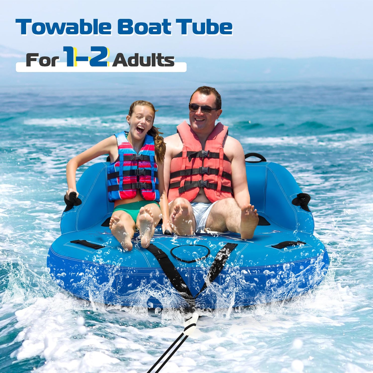 GYMAX Towable Tube for Boating, 2 Riders Inflatable Boat Tube for Water Sports to Pull, Boat Tubes with EVA Seat Pads