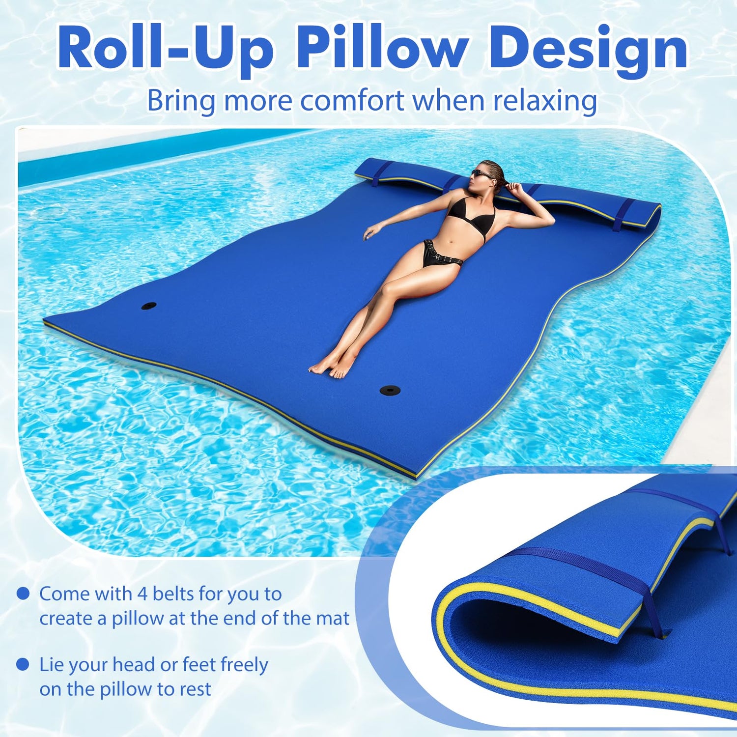 GYMAX Floating Water Pad, 9/18 FT x 6 FT Water Foam Mat with Rolling Pillow