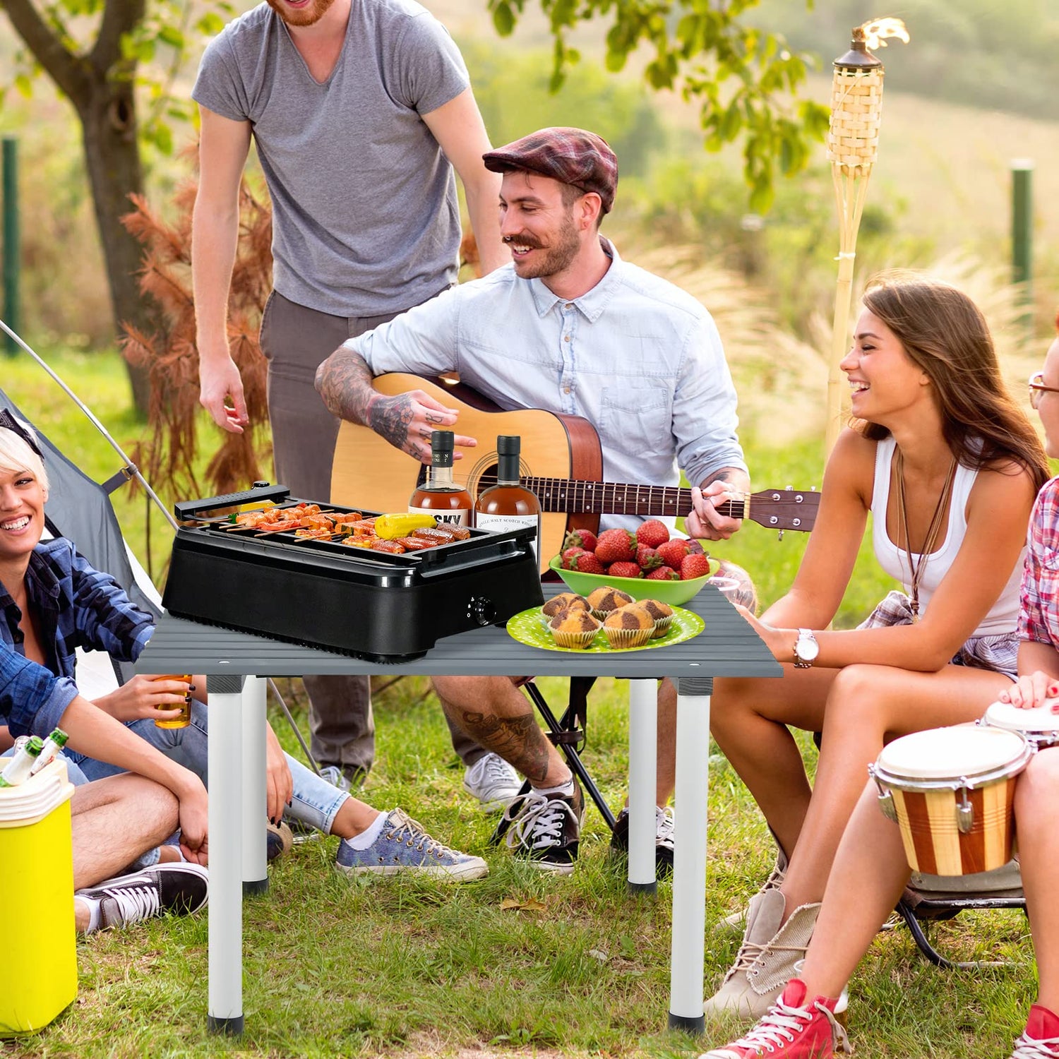 GYMAX Folding Wooden Camping Table Roll-Up Lightweight with Carry Bag