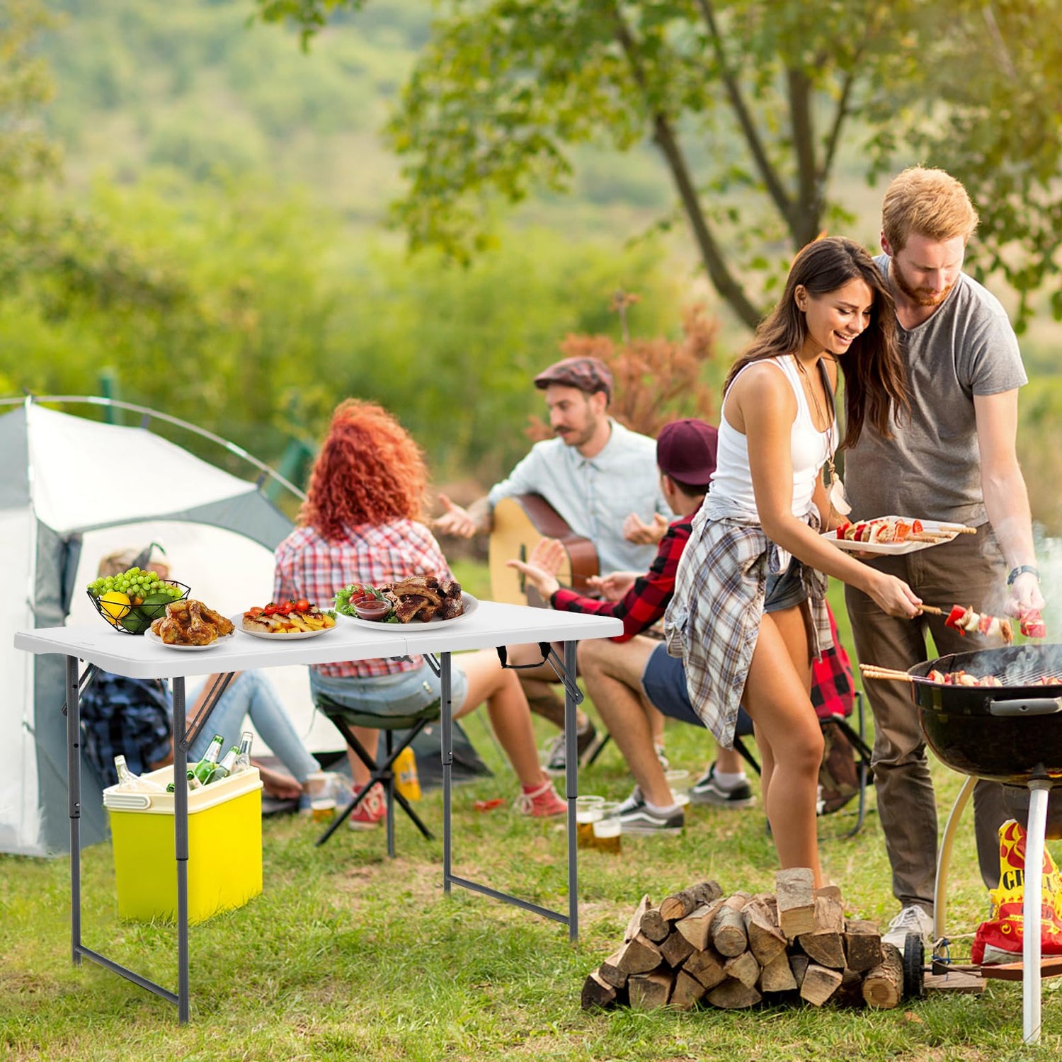 GYMAX Folding Table, 4FT Portable Plastic Picnic Table with 3 Adjustable Height & Handle, Fold-in-Half 330LBS Heavy Duty Foldable Table for Indoor Outdoor Party
