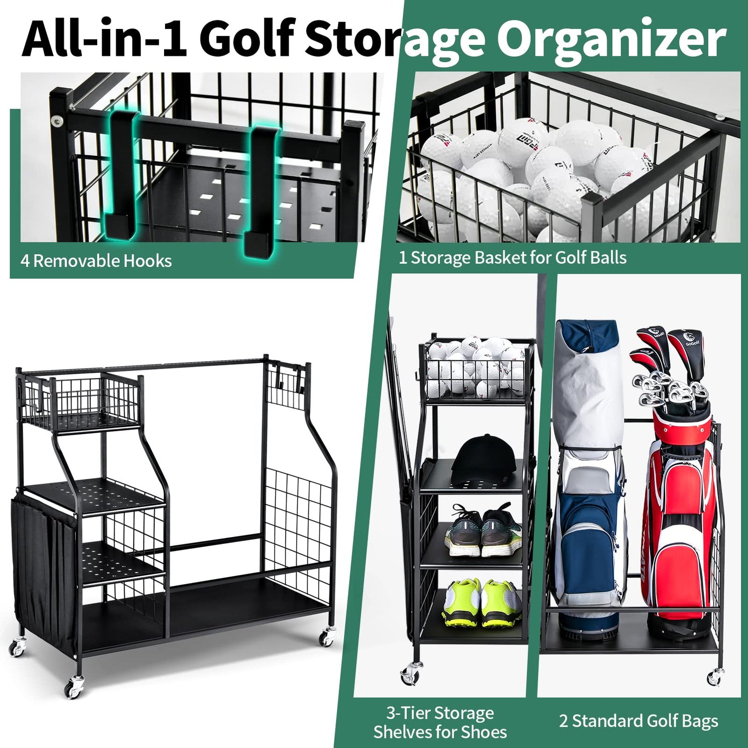 GYMAX Golf Bag Organizer, Golf Storage Garage Organizer with Lockable Wheels & Golf Club Side Pockets