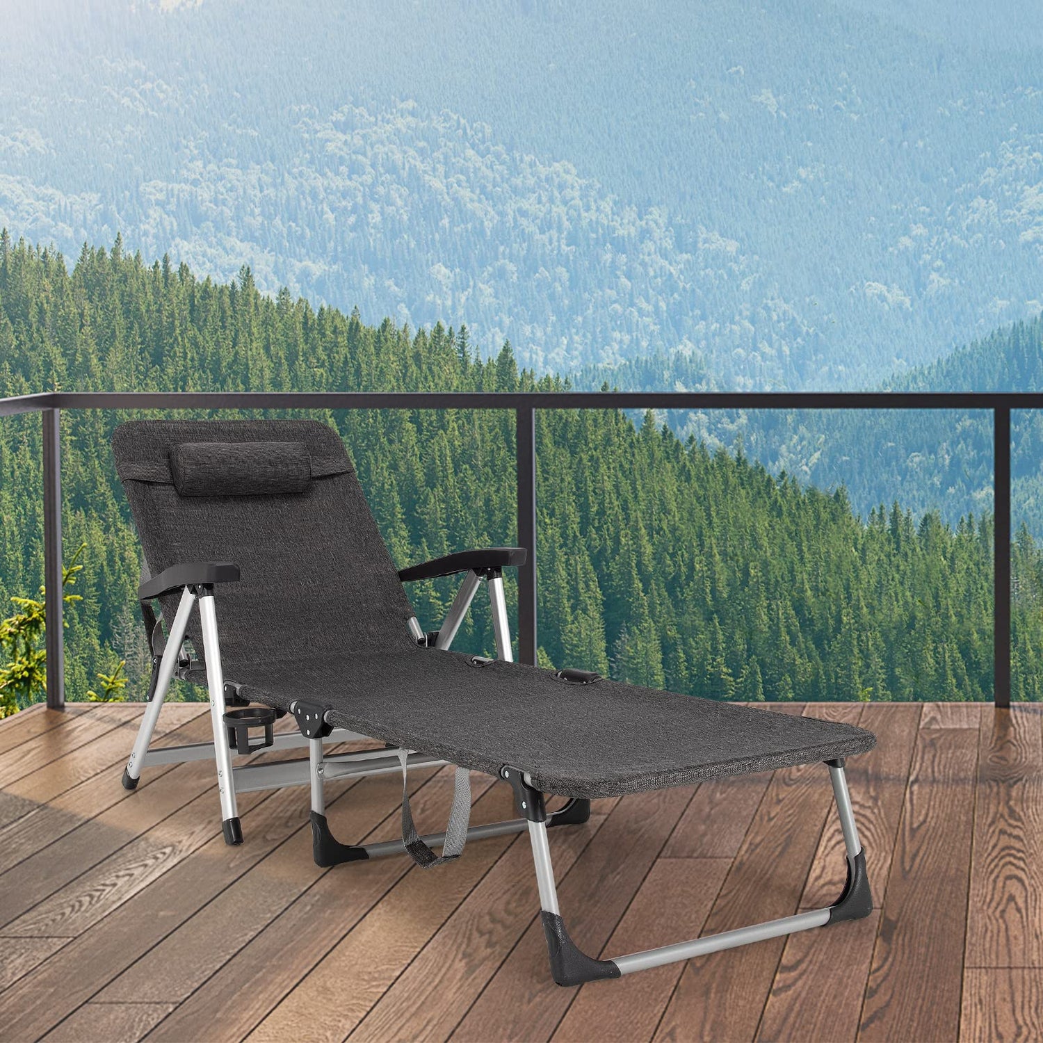 GYMAX Lounge Chair Outdoor, Chaise Lounger w/Adjustable Backrest, Cup Holder & Carry Handle, Folding Portable Tanning Layout Chair
