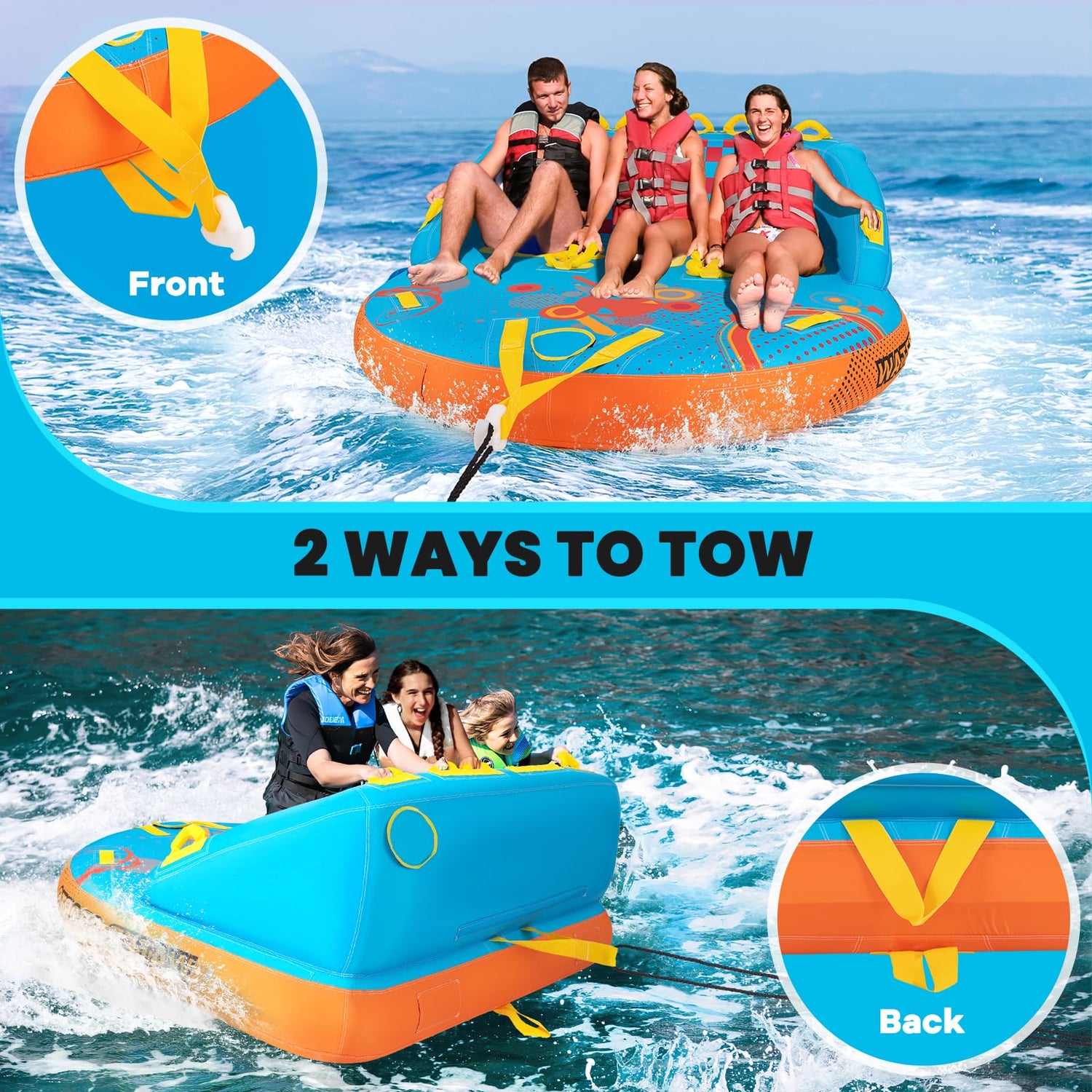 GYMAX Towable Tube for Boating, 3 Riders Inflatable Boat Tube for Water Sports to Pull, Boat Tubes with EVA Seat Pads