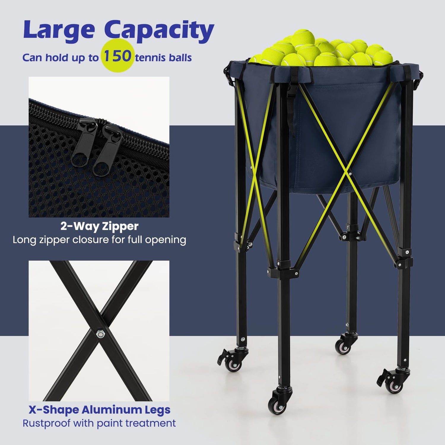 GYMAX Tennis Ball Hopper, Folding 150 Tennis Ball Holder Cart with Carry Bag, Easy Assembly Frame