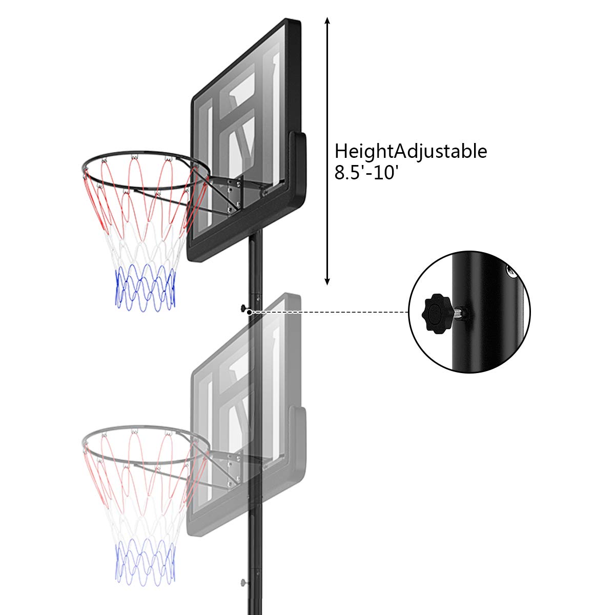 GYMAX Portable Basketball Hoop, Adjustable Basketball System with Transportation Wheels & Shatterproof Backboard
