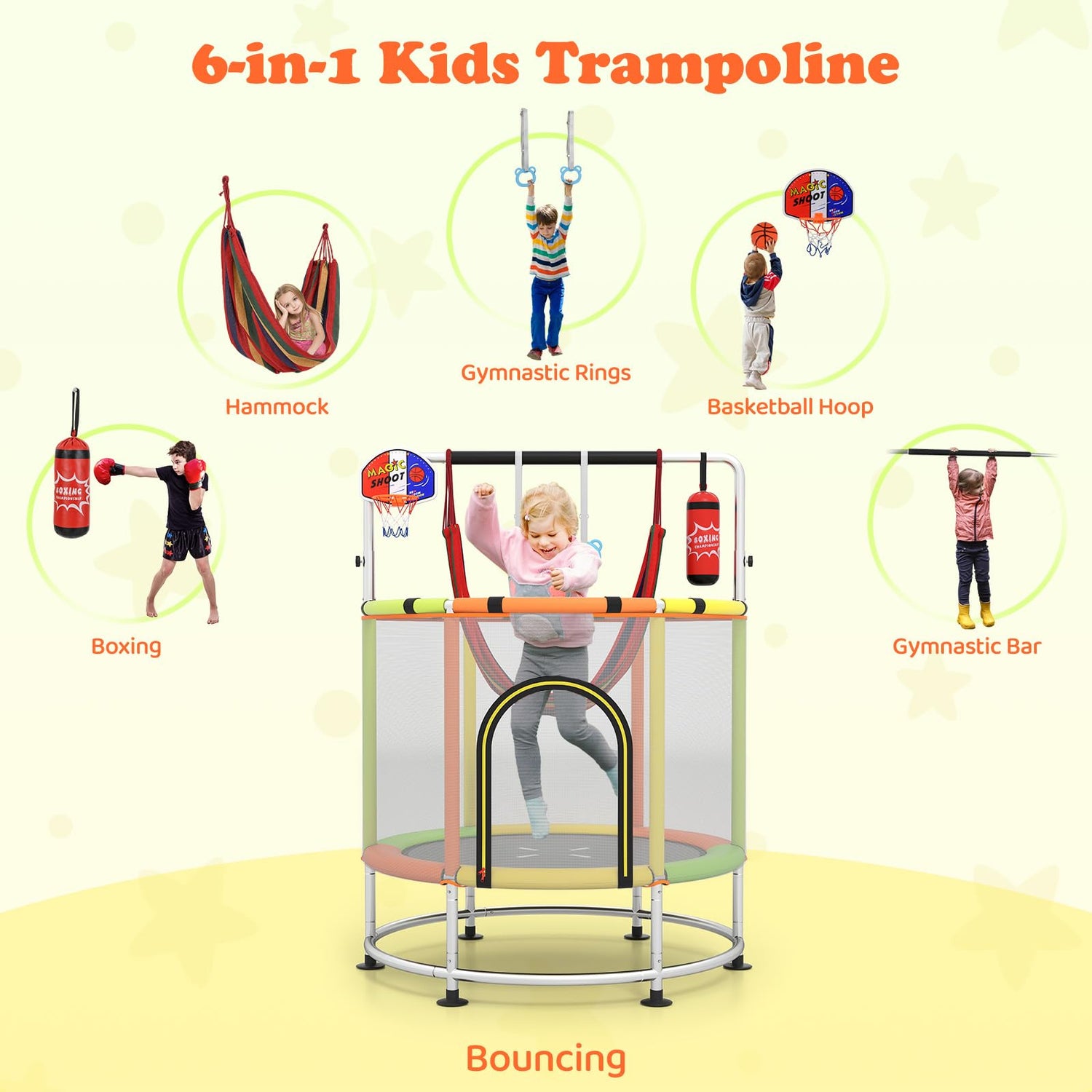 GYMAX 55" Trampoline for Kids 440LBS 6 in 1 Toddler Rebounder with Swing